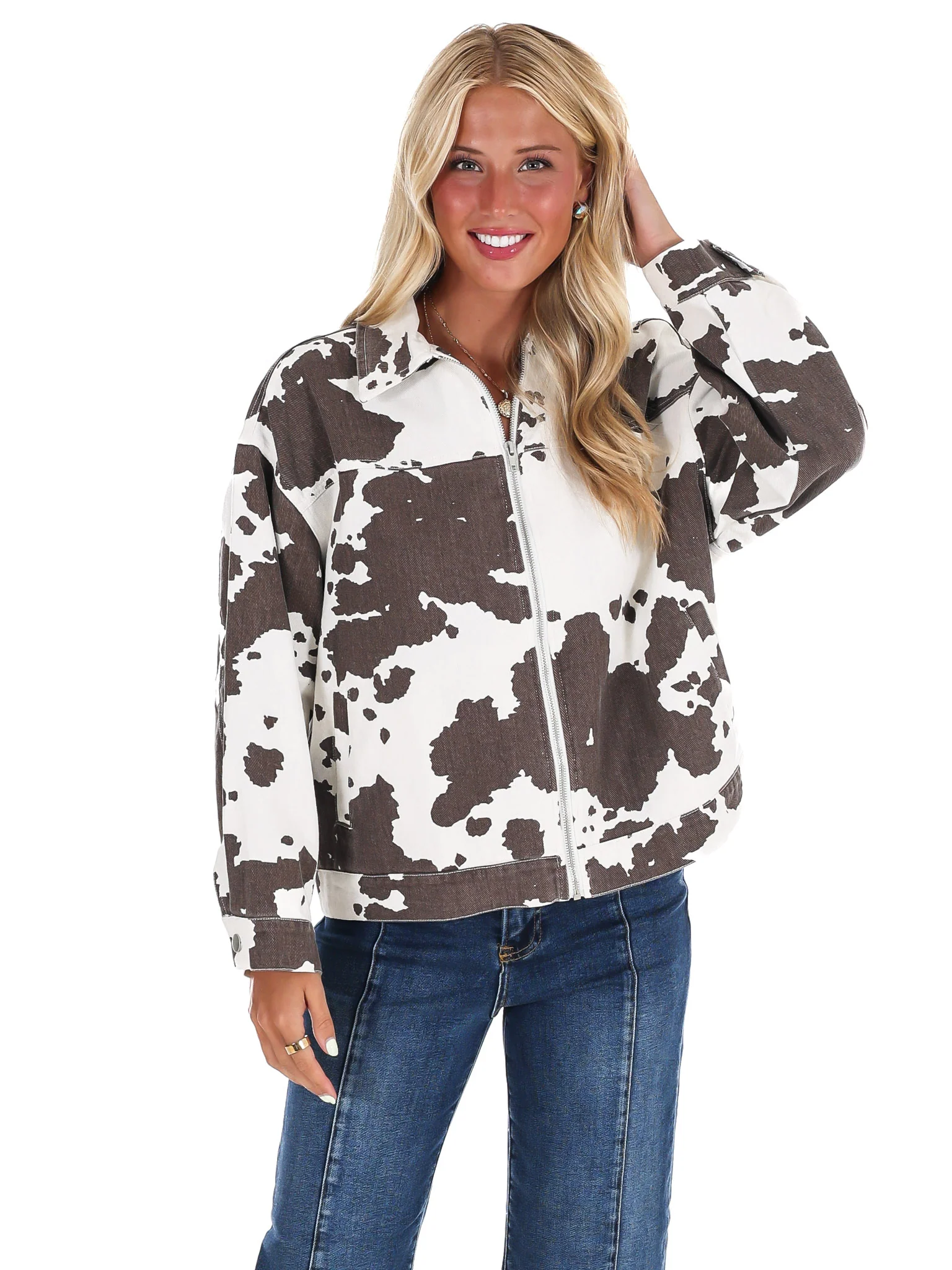 A Cowgirl's Favorite Cow Print Denim Jacket - Image 5