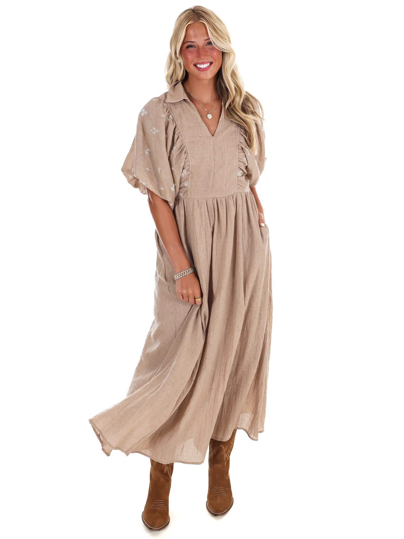 Autumn Stroll Embroidered Midi Dress