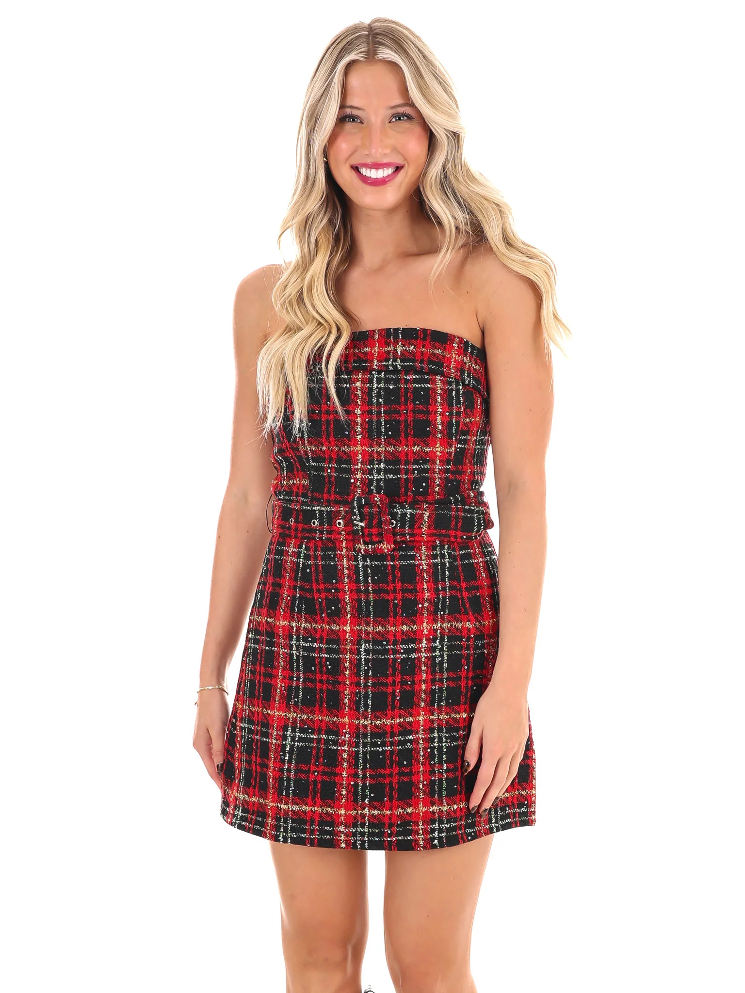 Belted Bliss Tweed Mini Dress - Image 13