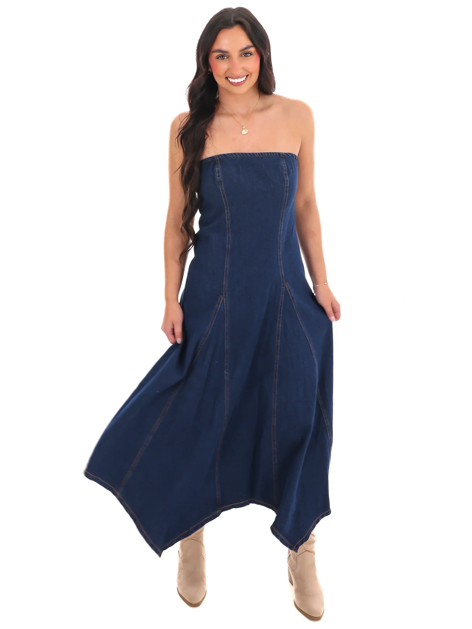 Chasing Joy Denim Tube Midi Dress - Image 4