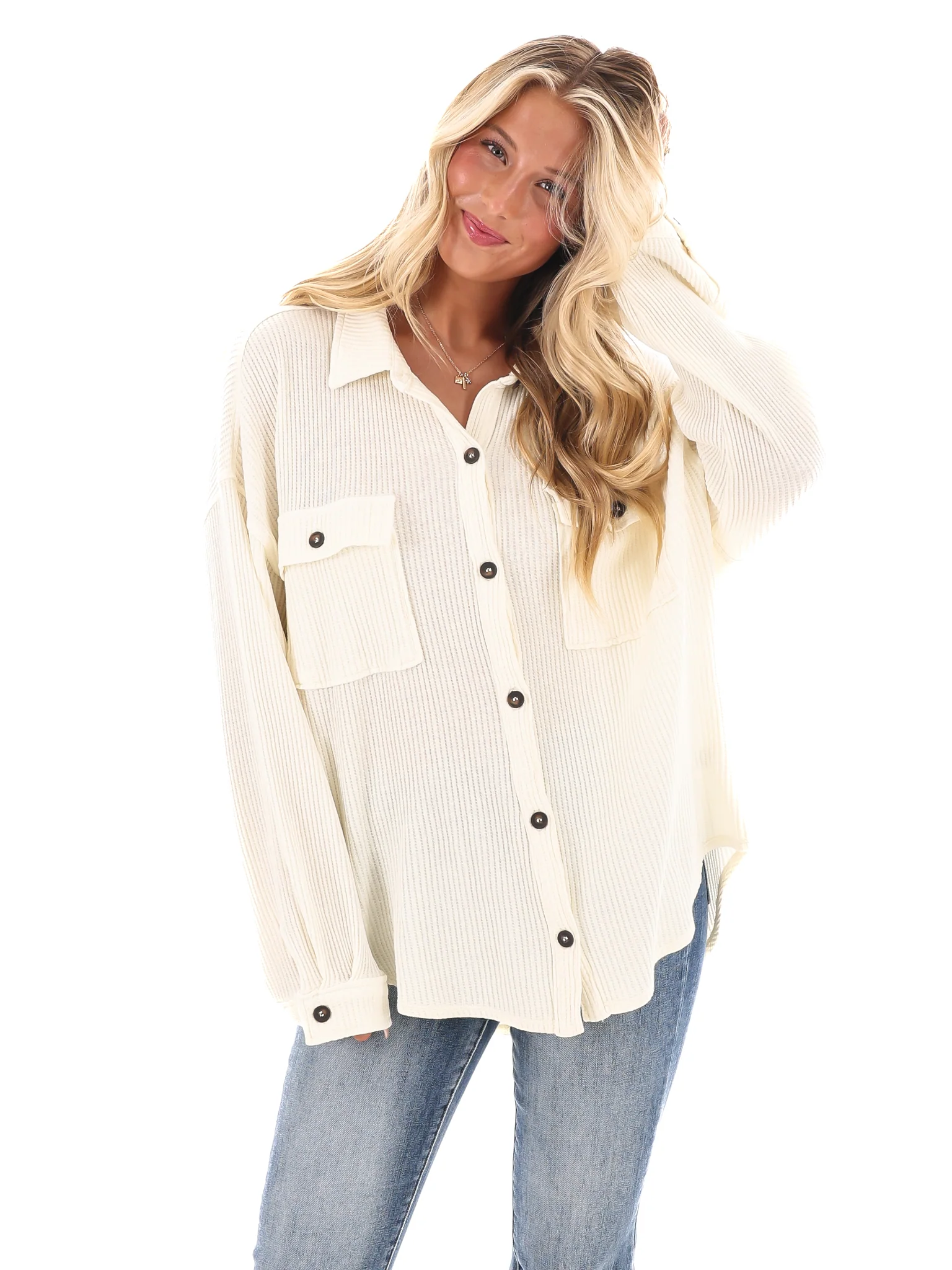 Chilly Days Waffle Knit Button Up Top - Image 41