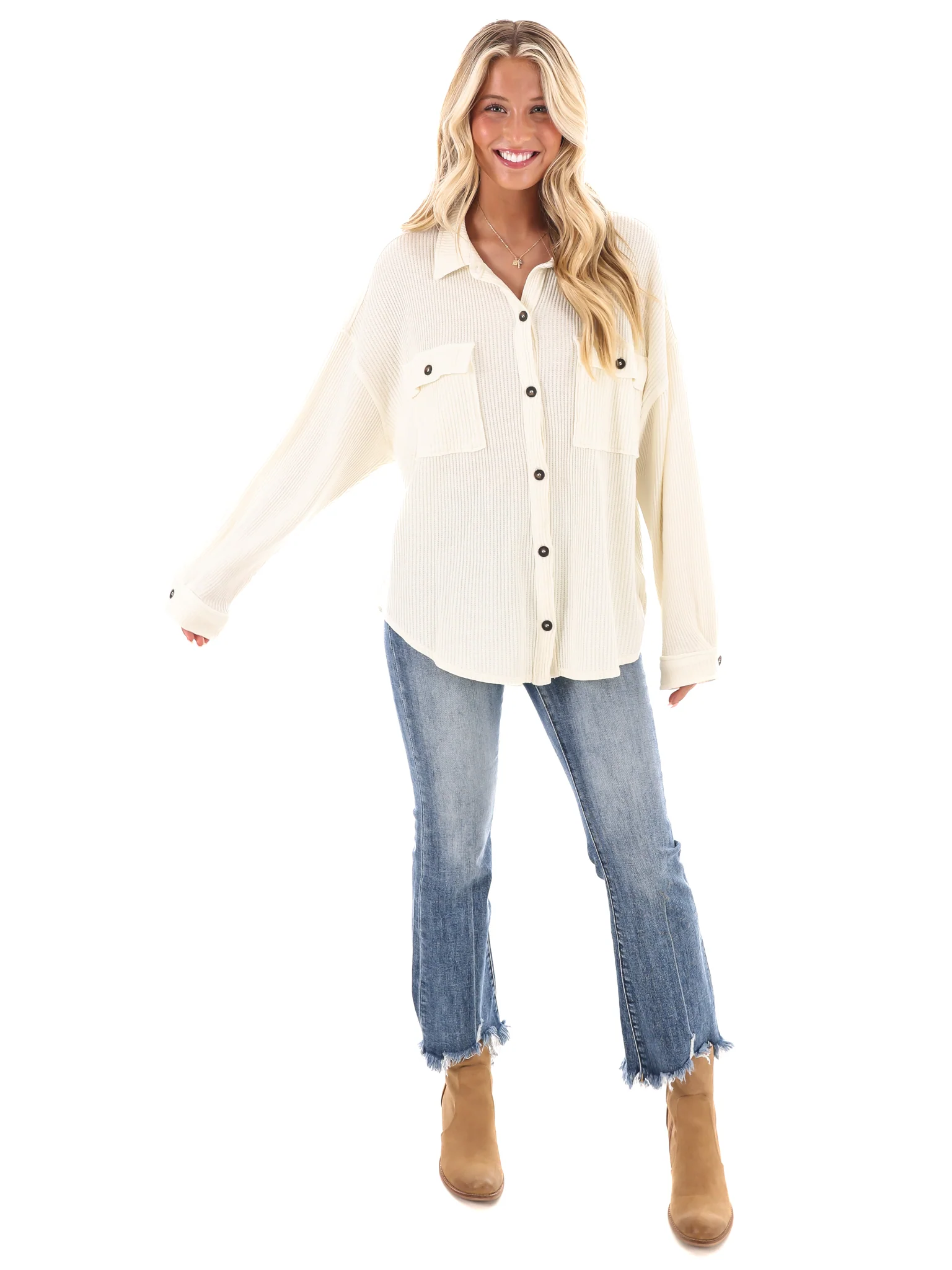 Chilly Days Waffle Knit Button Up Top - Image 44