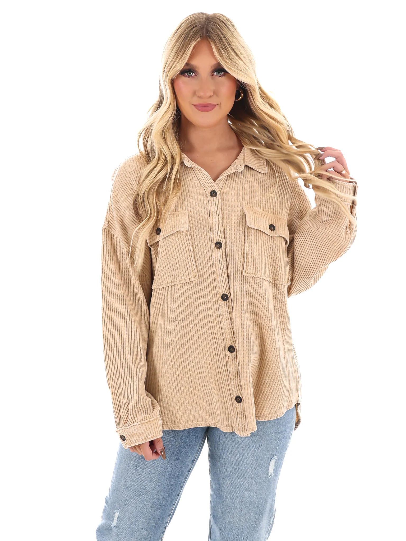 Chilly Days Waffle Knit Button Up Top - Image 8