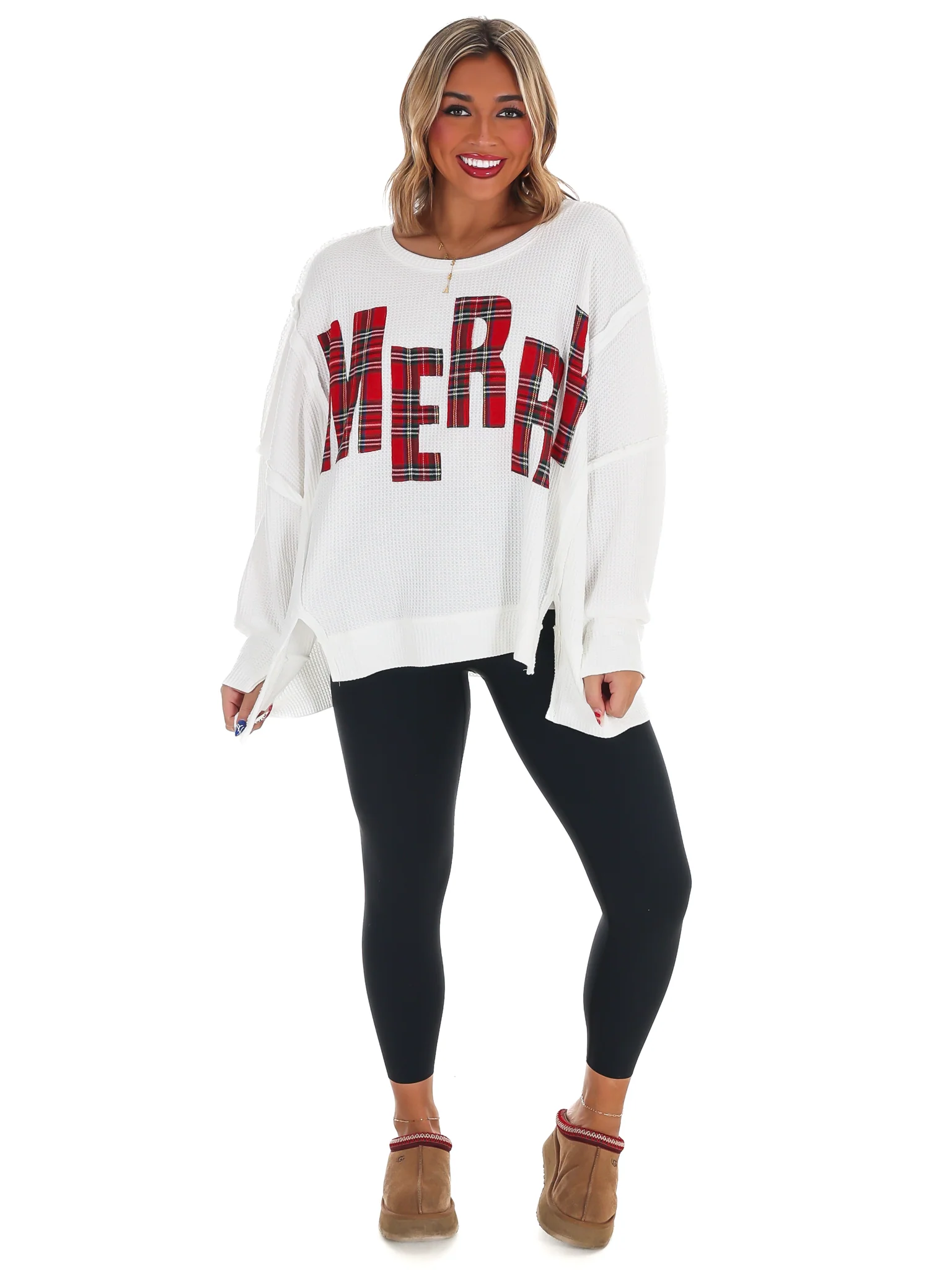 Christmas Plaid Merry Waffle Knit Pullover - Image 4