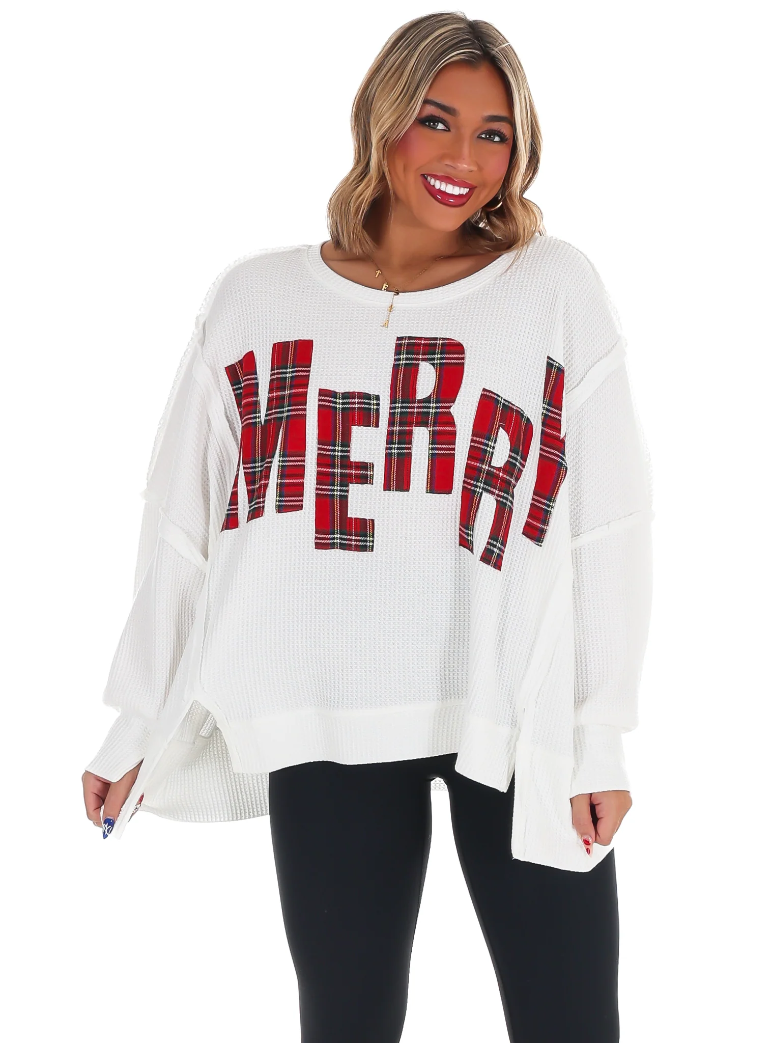 Christmas Plaid Merry Waffle Knit Pullover - Image 5