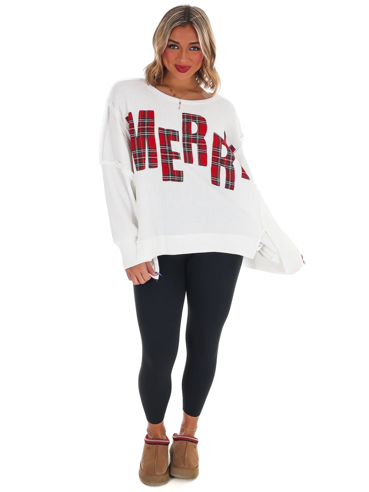 Christmas Plaid Merry Waffle Knit Pullover - Image 6