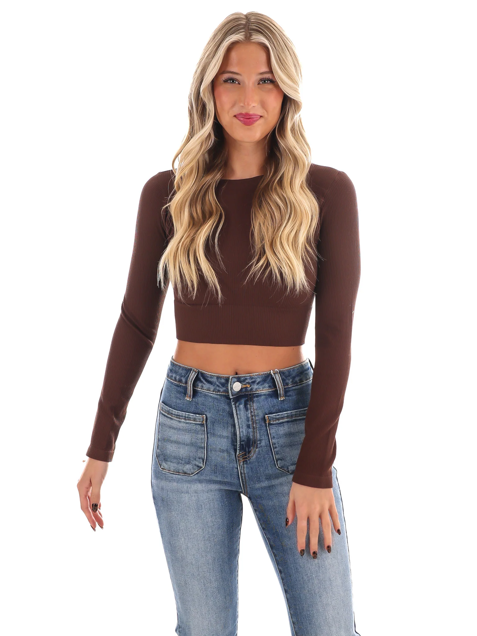 Classic Ribbed Long Sleeve Crop Top - Image 33