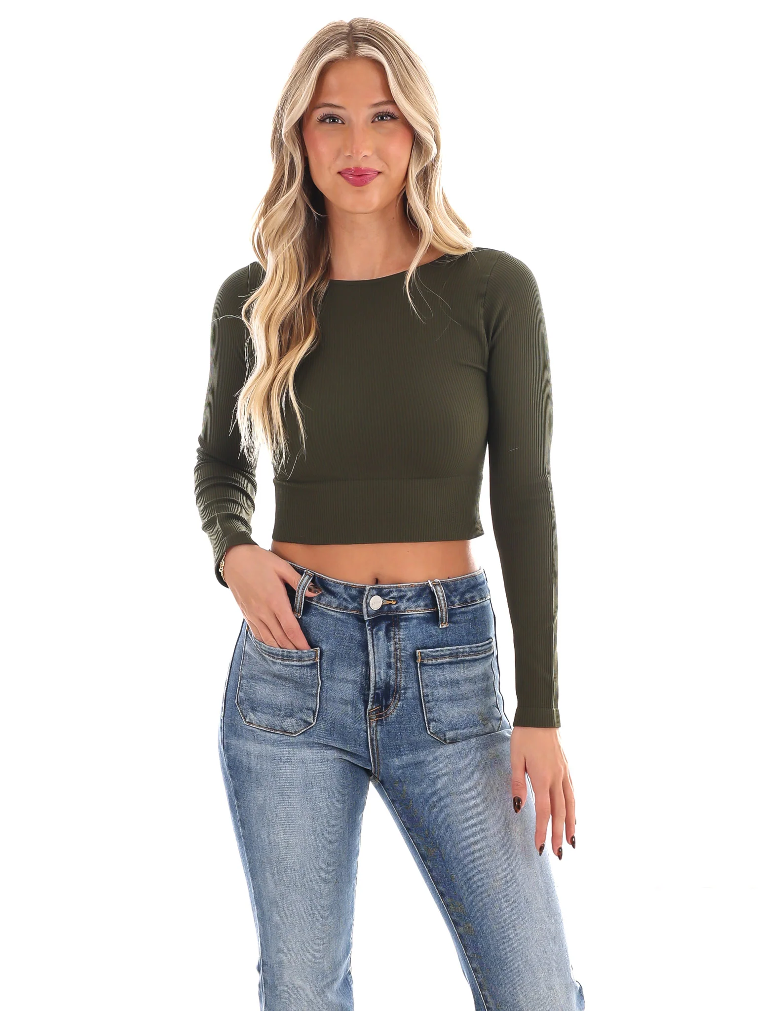 Classic Ribbed Long Sleeve Crop Top - Image 36