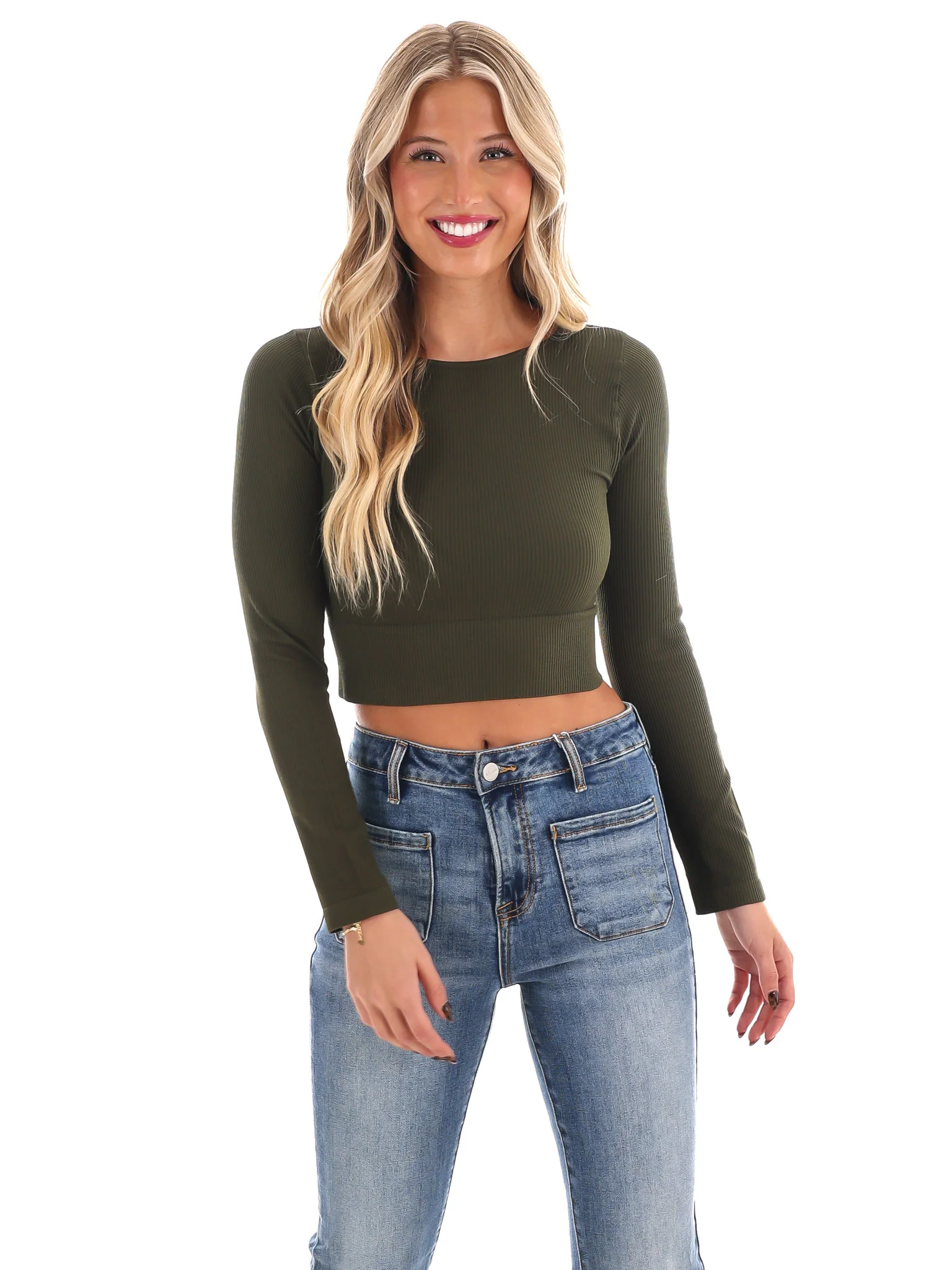 Classic Ribbed Long Sleeve Crop Top - Image 41