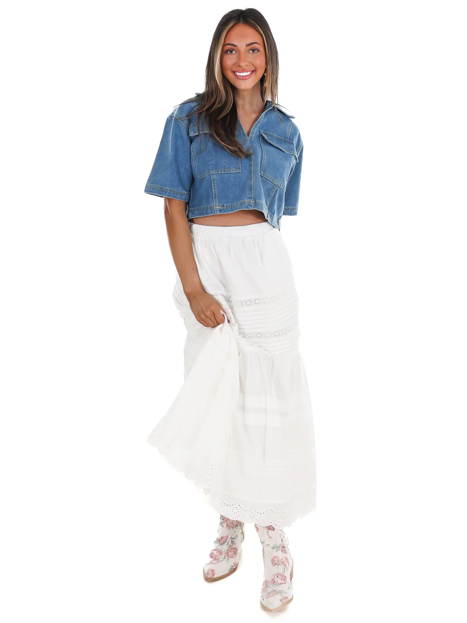 Clean Cut V-Neck Cropped Denim Top - Image 4
