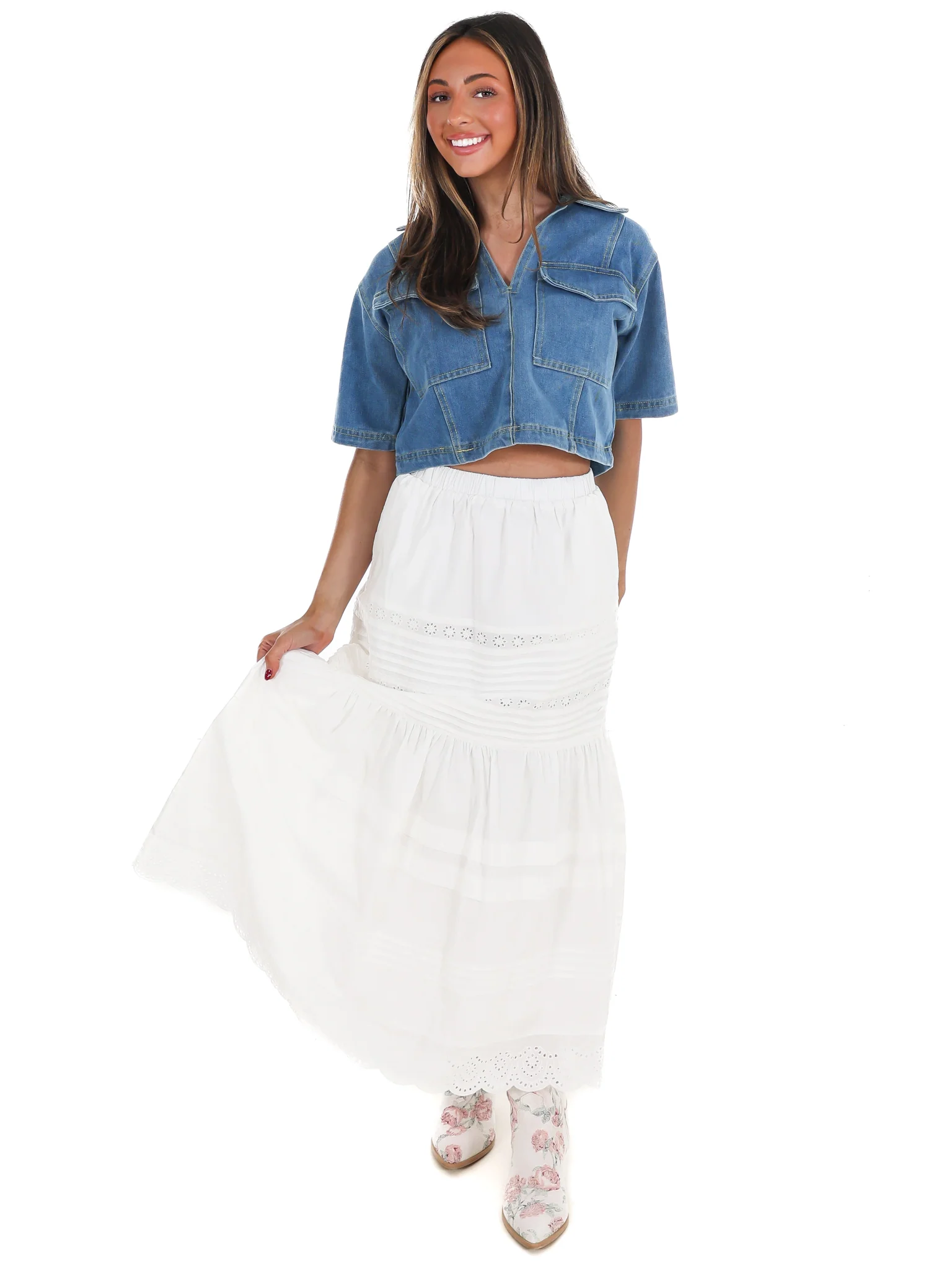 Clean Cut V-Neck Cropped Denim Top - Image 6