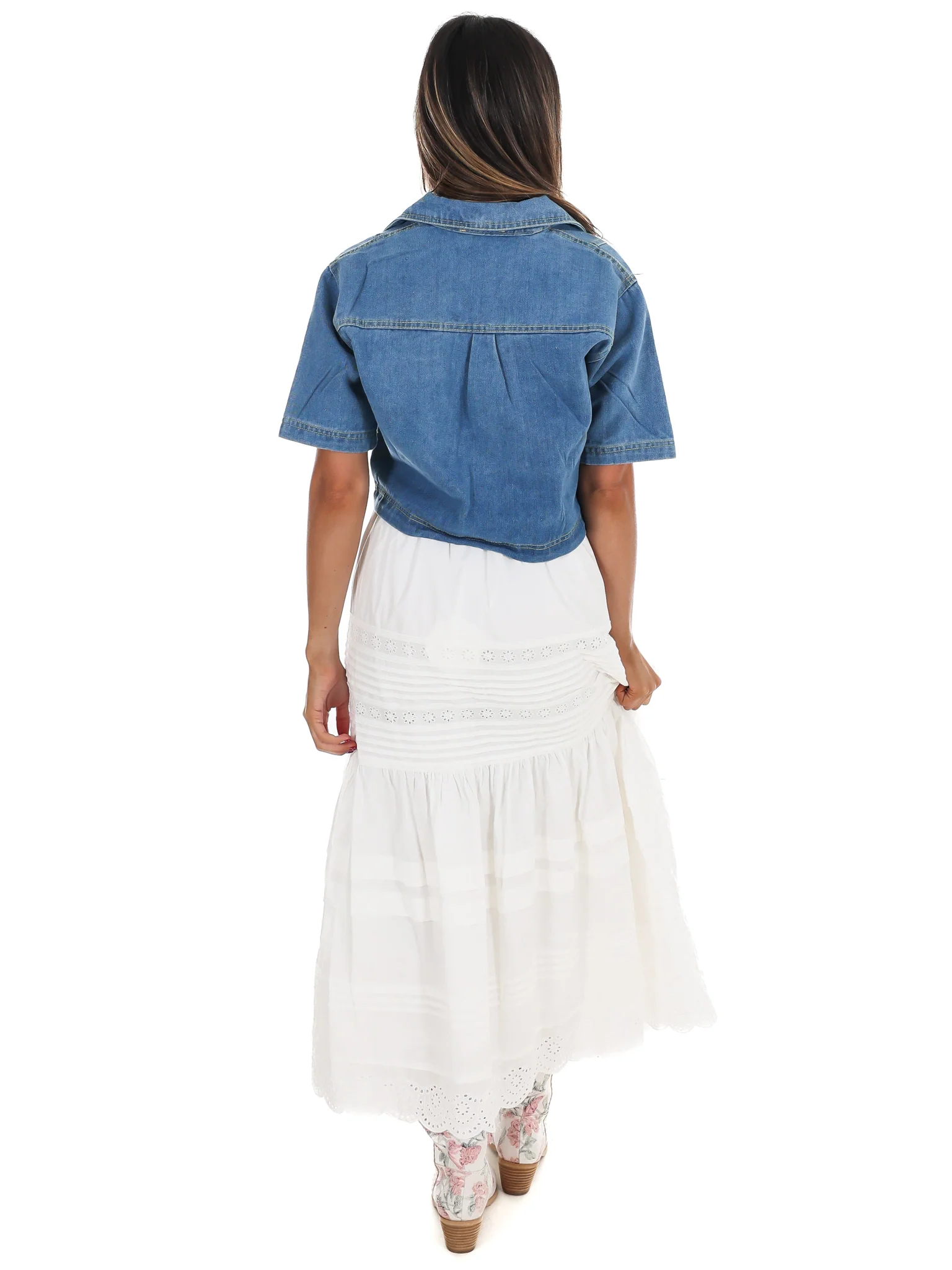 Clean Cut V-Neck Cropped Denim Top - Image 8