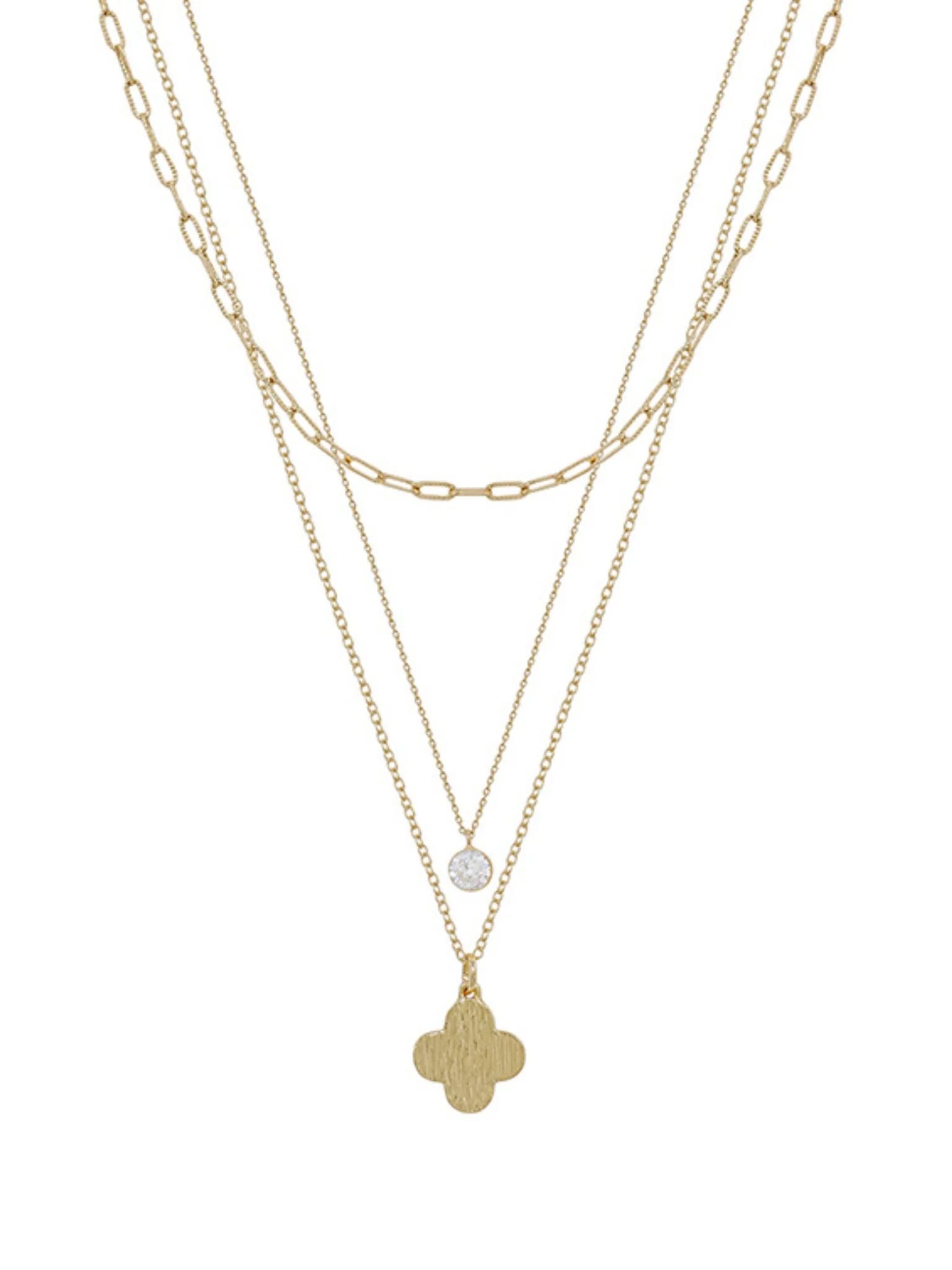 Clover & Crystal Charm 3 Layer Short Necklace