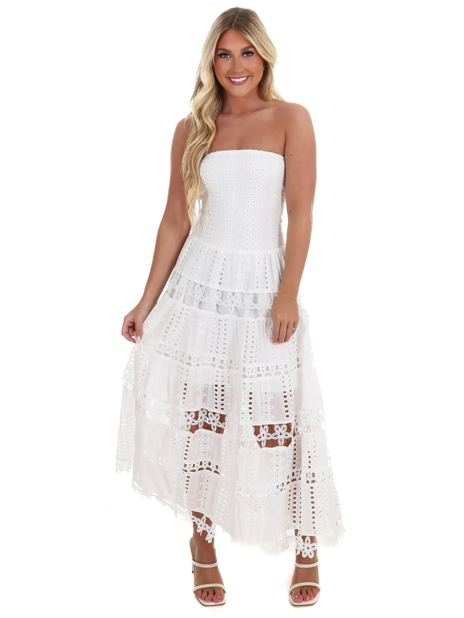 Come Around Eyelet Tube Midi Dress