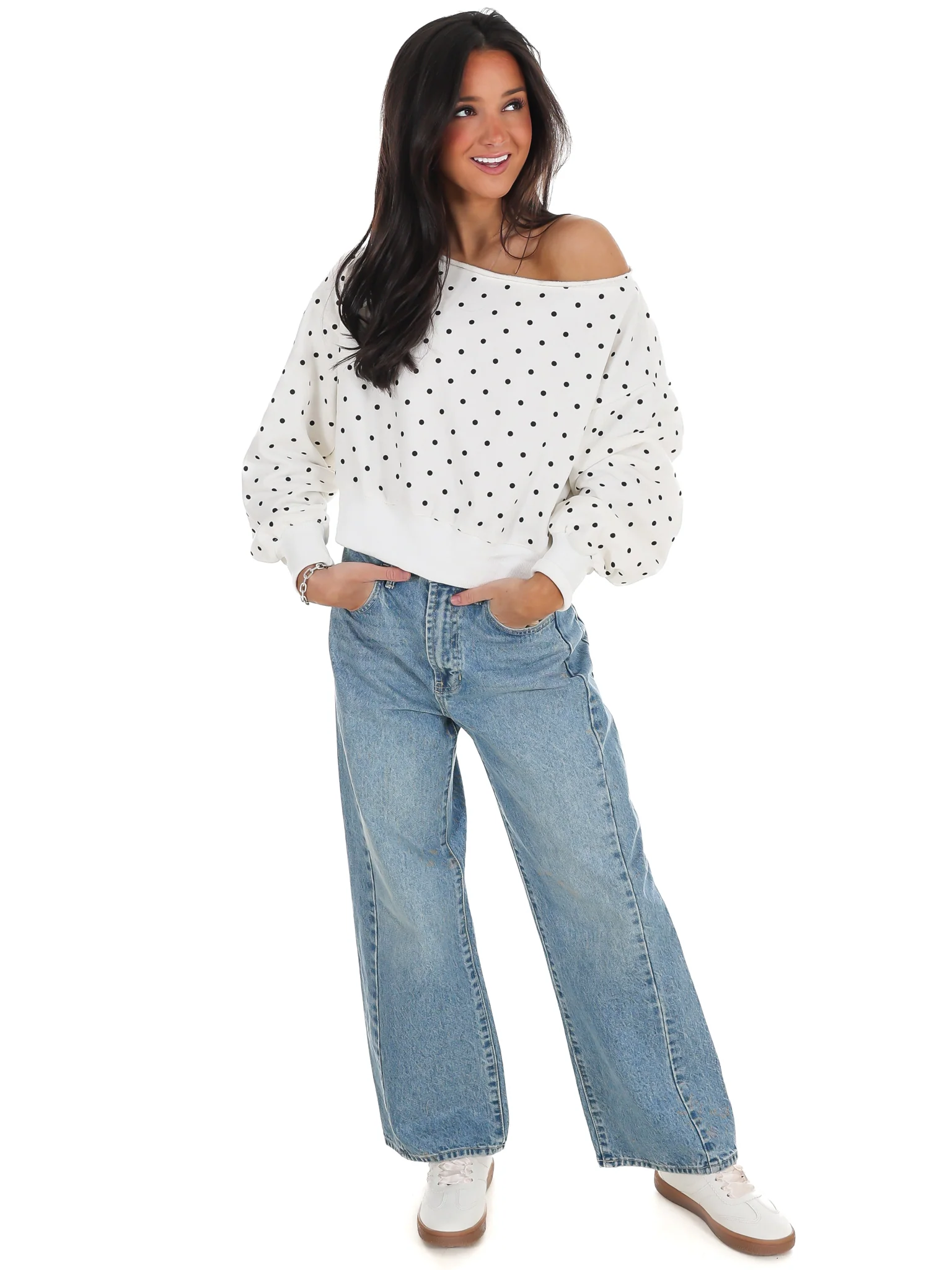 Comfy Spot Polka Dot Off Shoulder Sweatshirt - Image 12