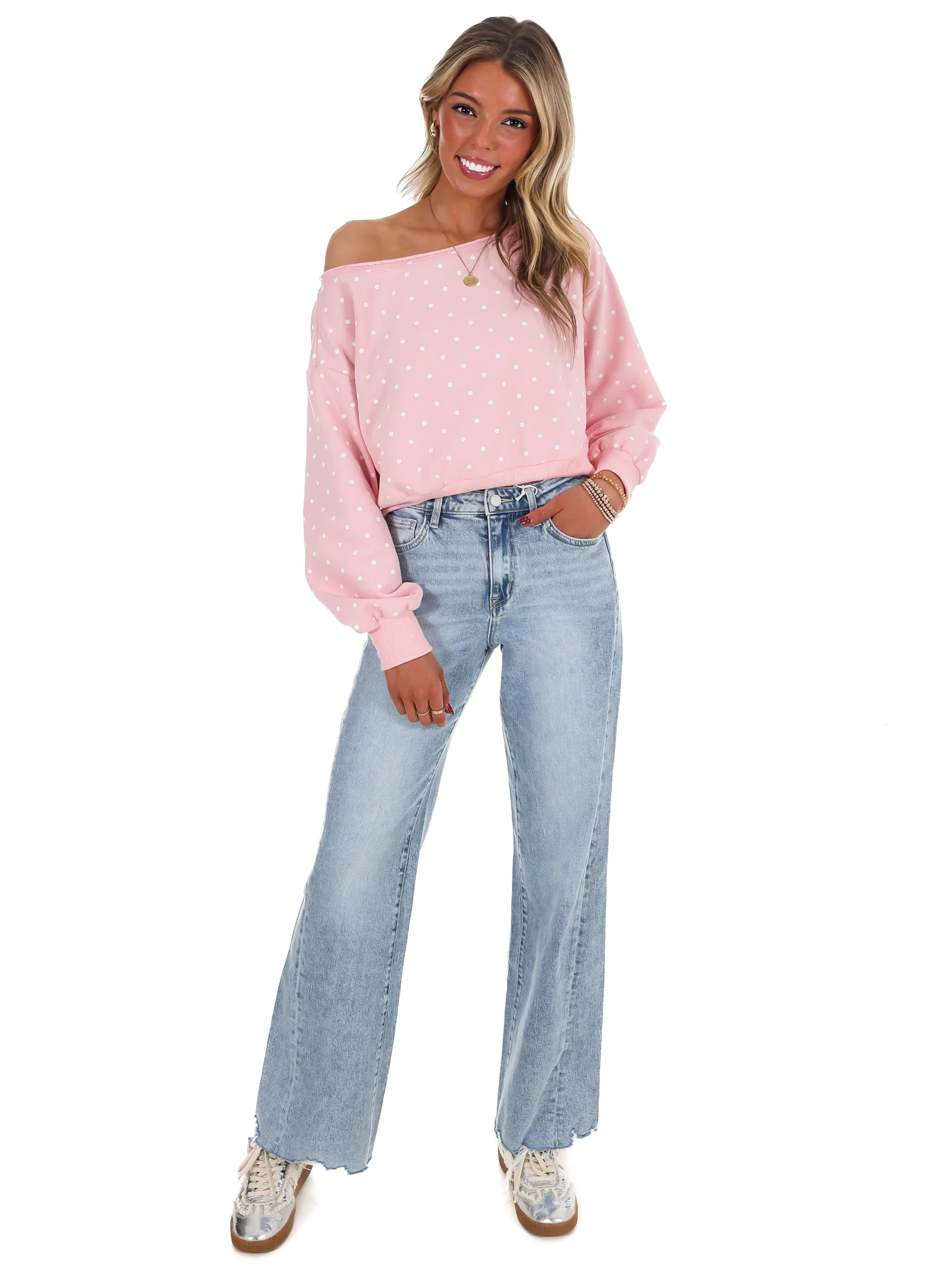 Comfy Spot Polka Dot Off Shoulder Sweatshirt - Image 18