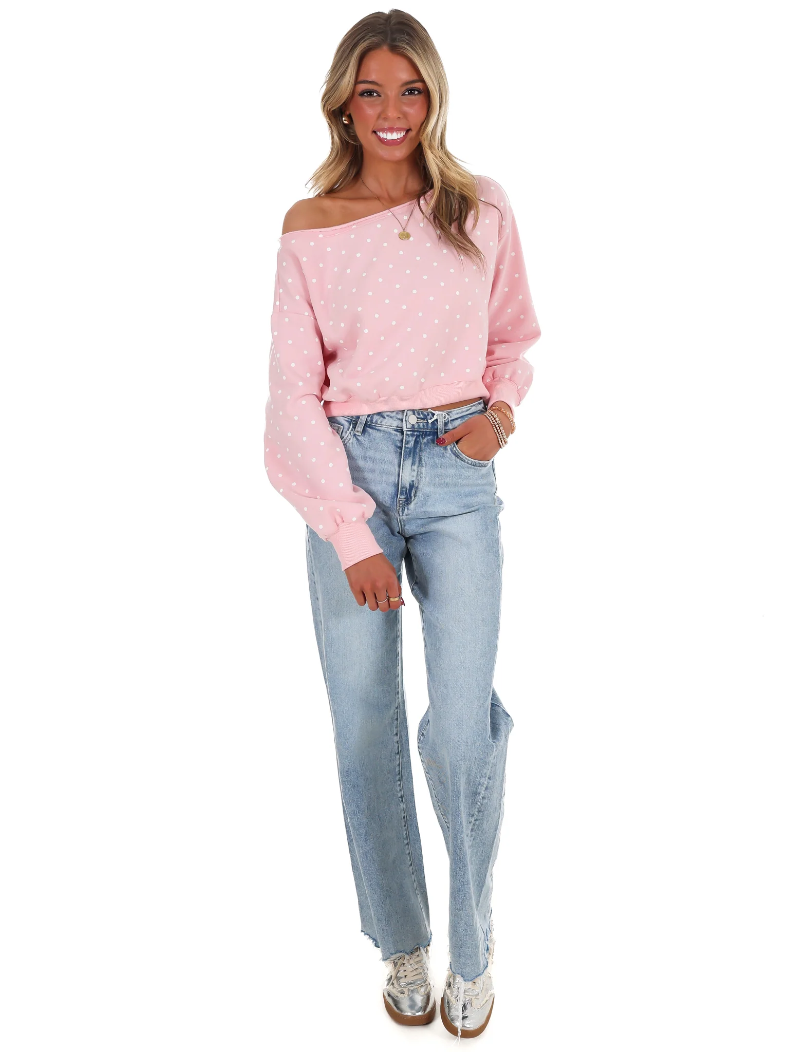 Comfy Spot Polka Dot Off Shoulder Sweatshirt - Image 23