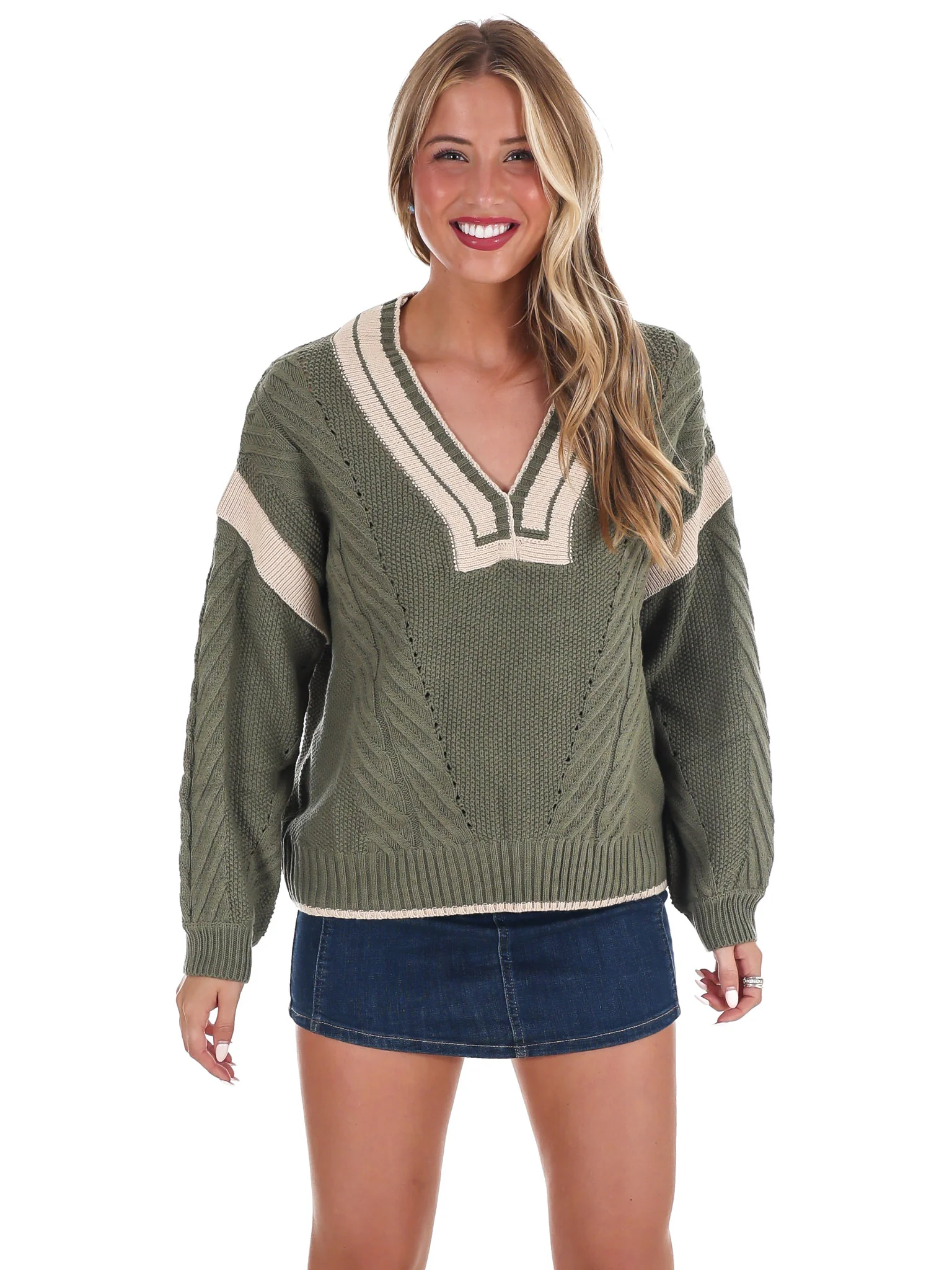 Crisp Air V-Neck Cable Contrast Sweater - Image 10