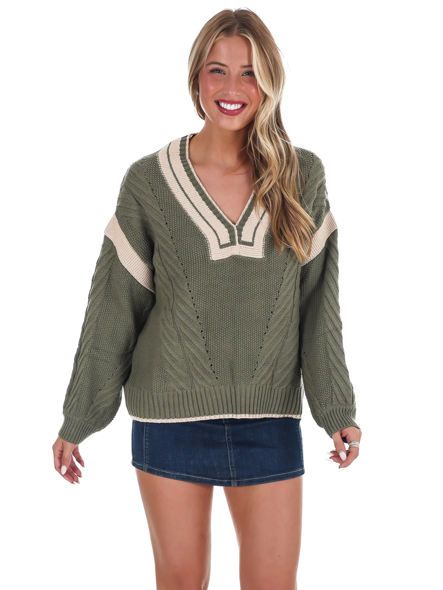 Crisp Air V-Neck Cable Contrast Sweater - Image 12