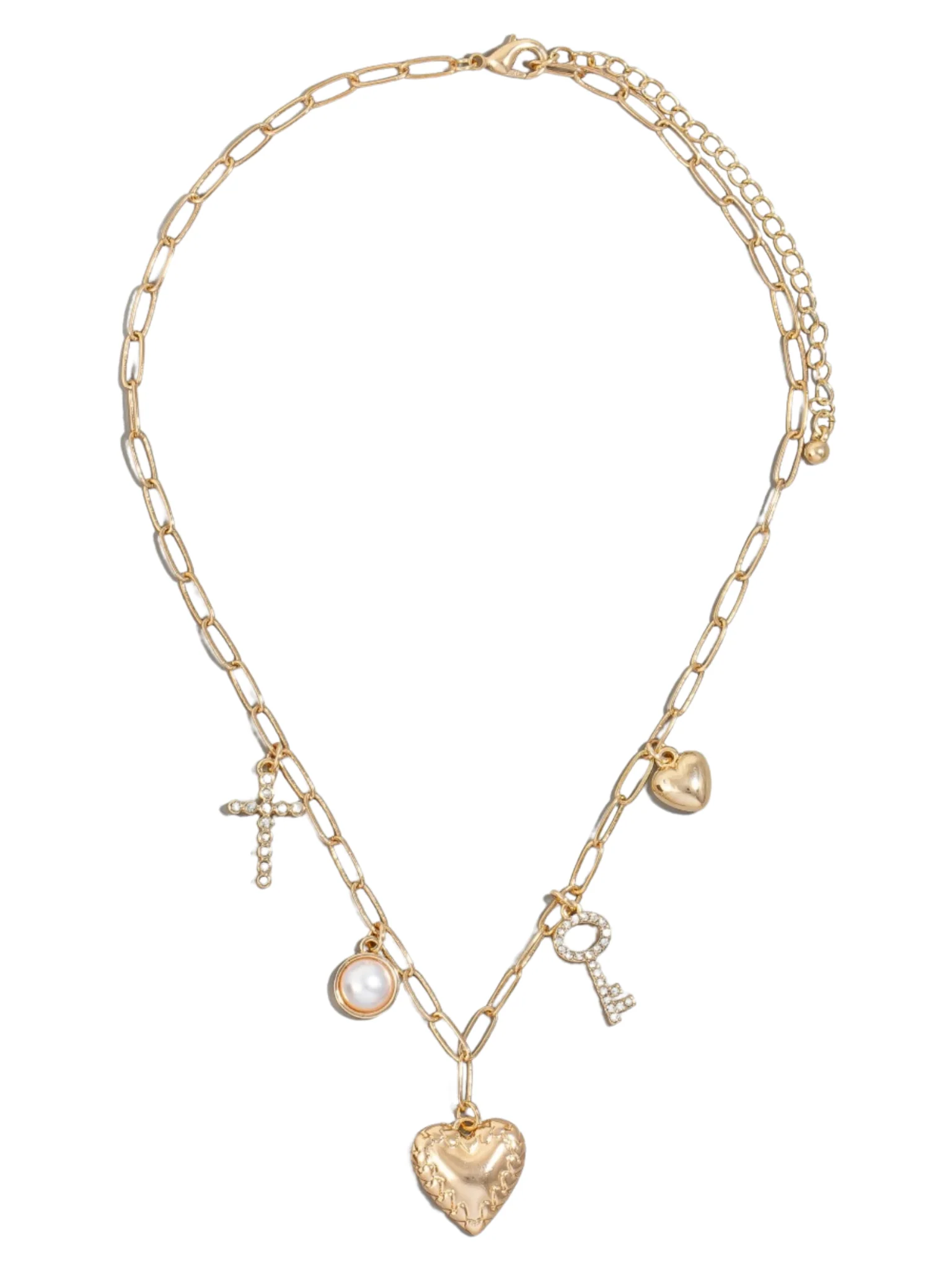 Cross Pearl and Heart Charms Chain Necklace