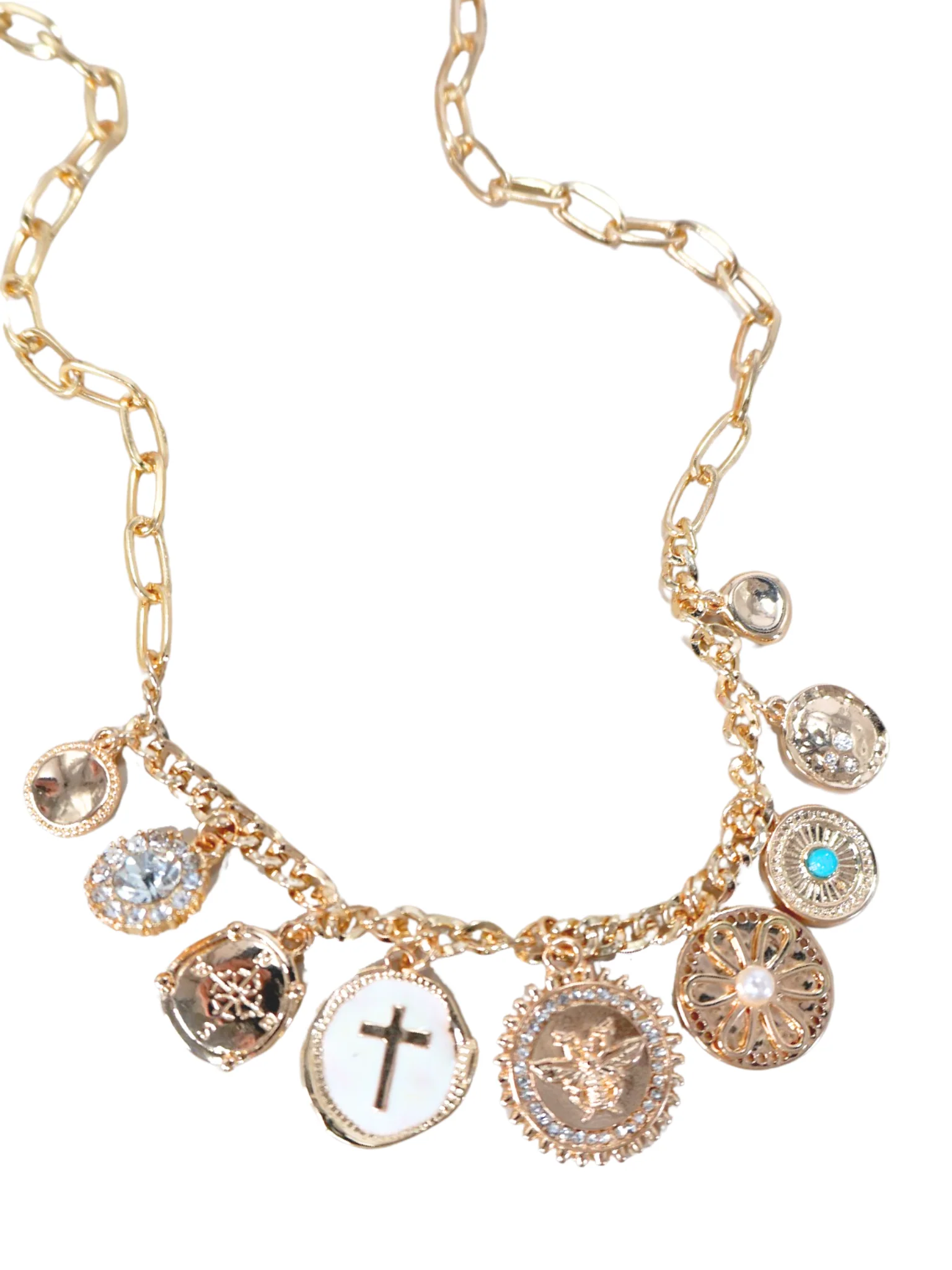 Cross Rhinestone Flower Charm Necklace