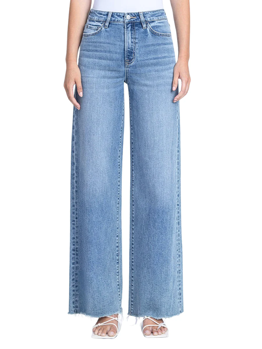 Elevate Super High Rise Medium Wash Raw Hem Wide Leg Jeans