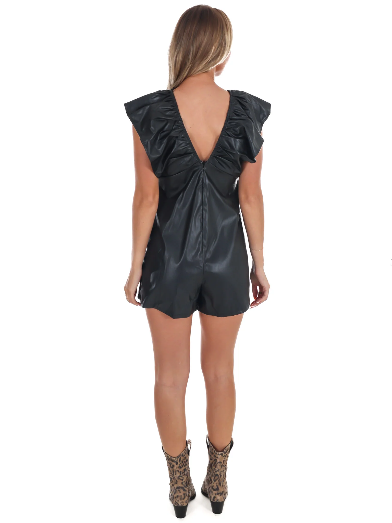 Faux Leather Ruffle Sleeve Gameday Romper - Image 8