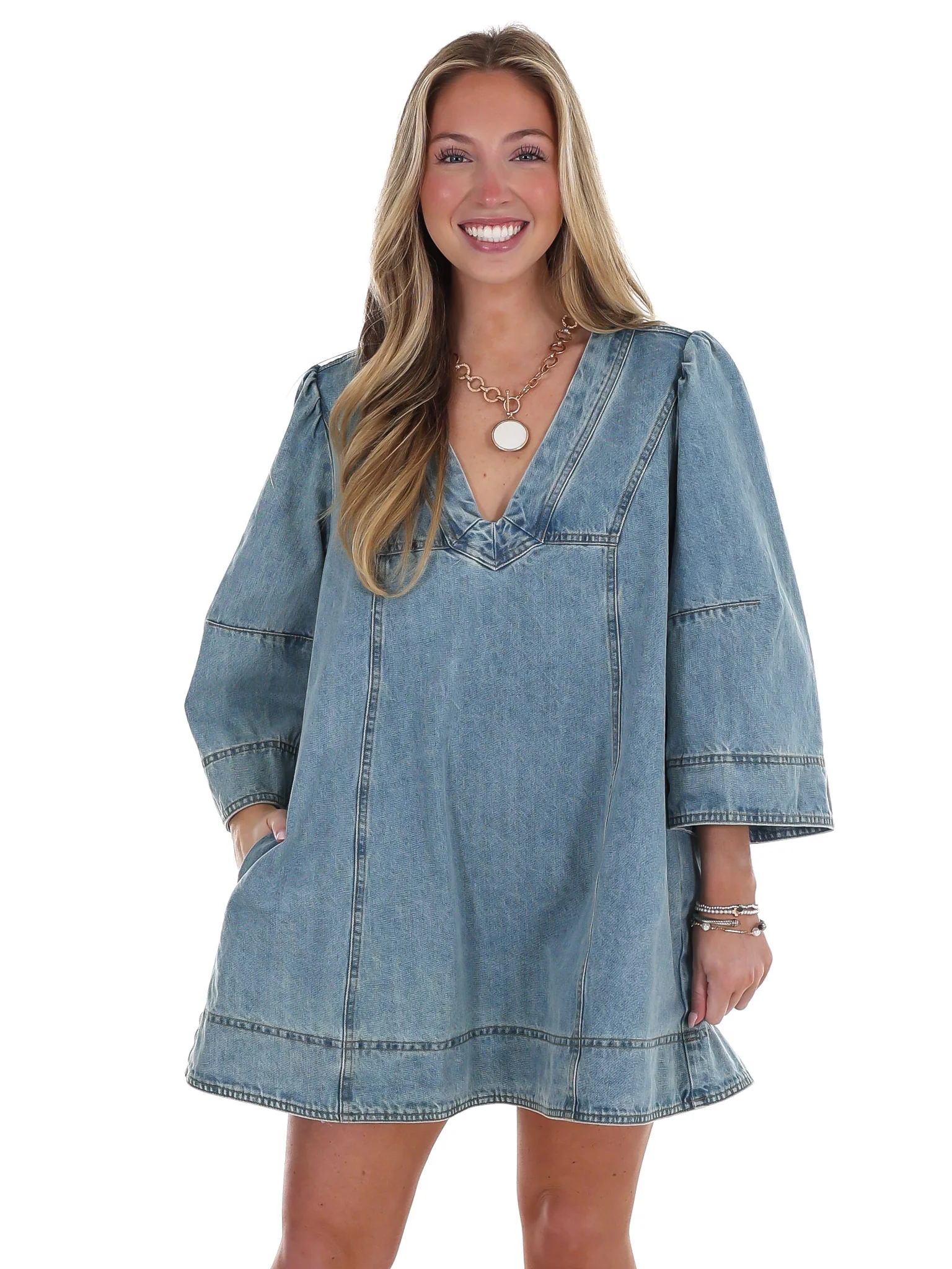 Free People Goldie Balloon Sleeve Denim Mini Dress - Image 3