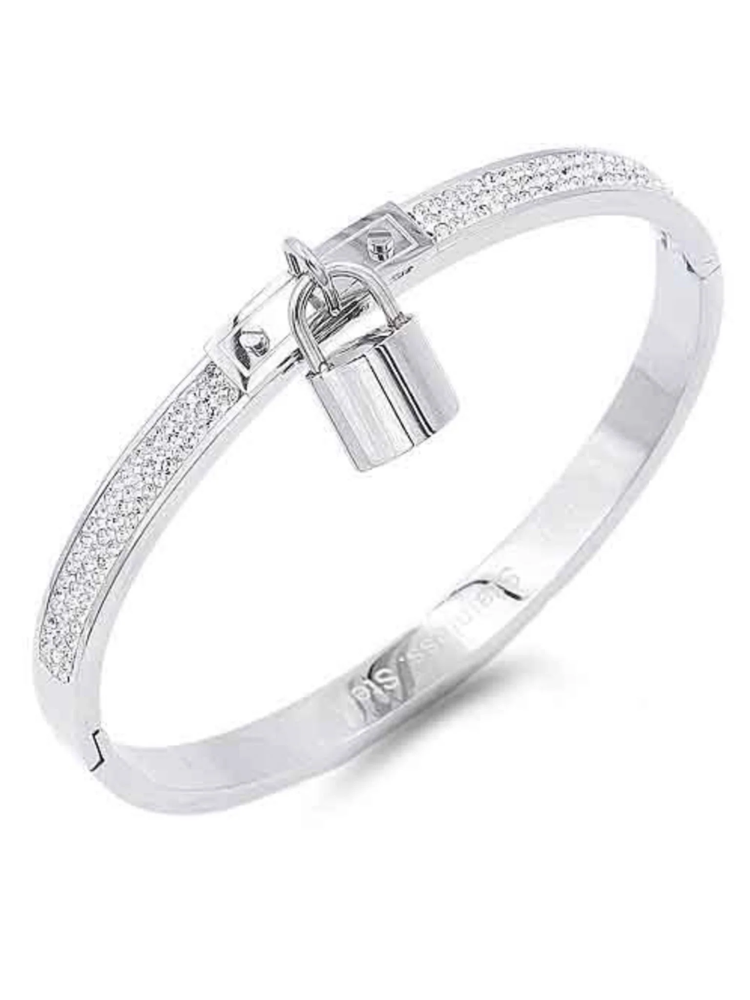 Gold Plated Stainless Steel CZ Stone Bangle Bracelet with Lock - Image 2