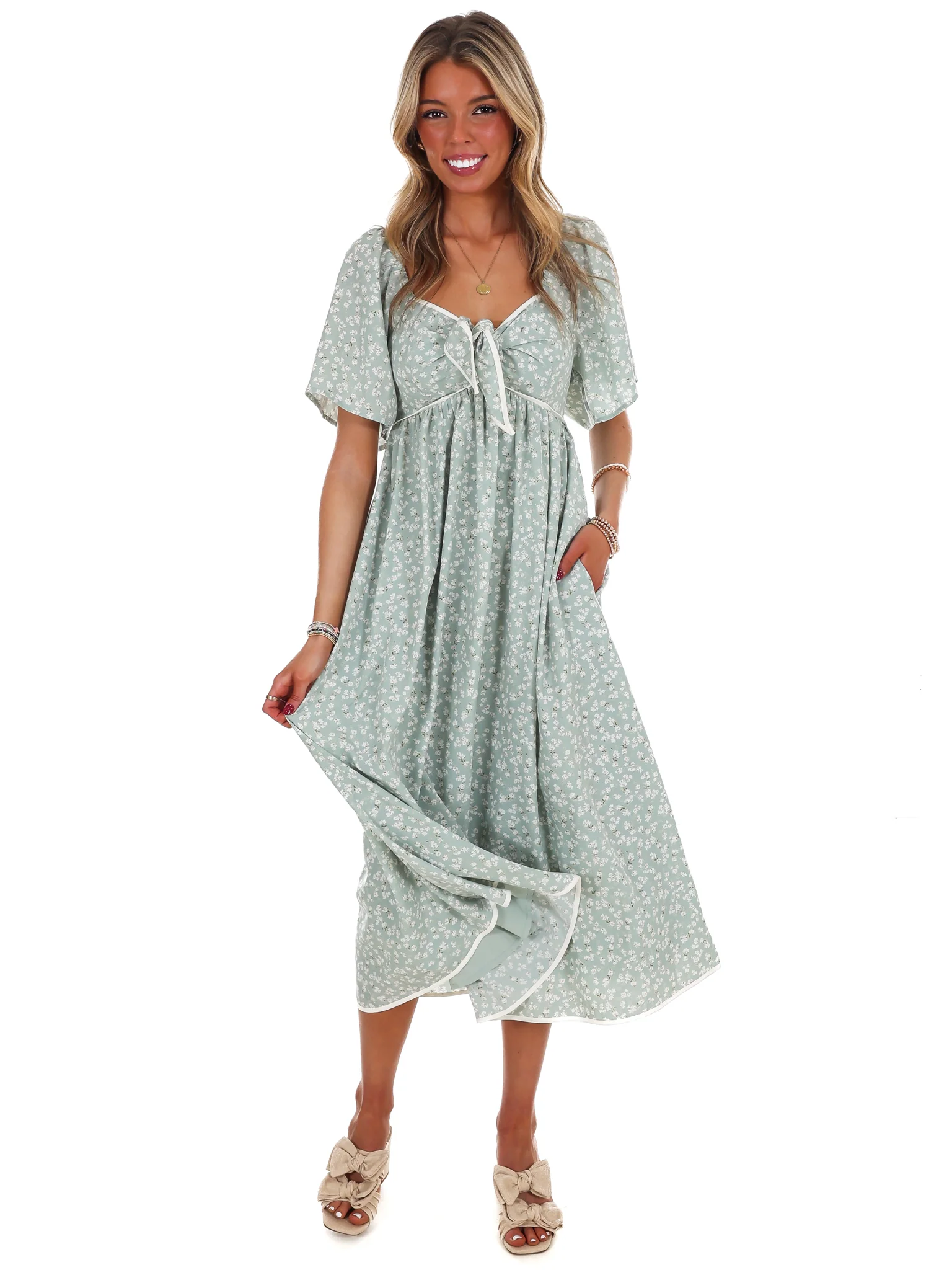 Graceful Floral Flowy Smocked Midi Dress - Image 7