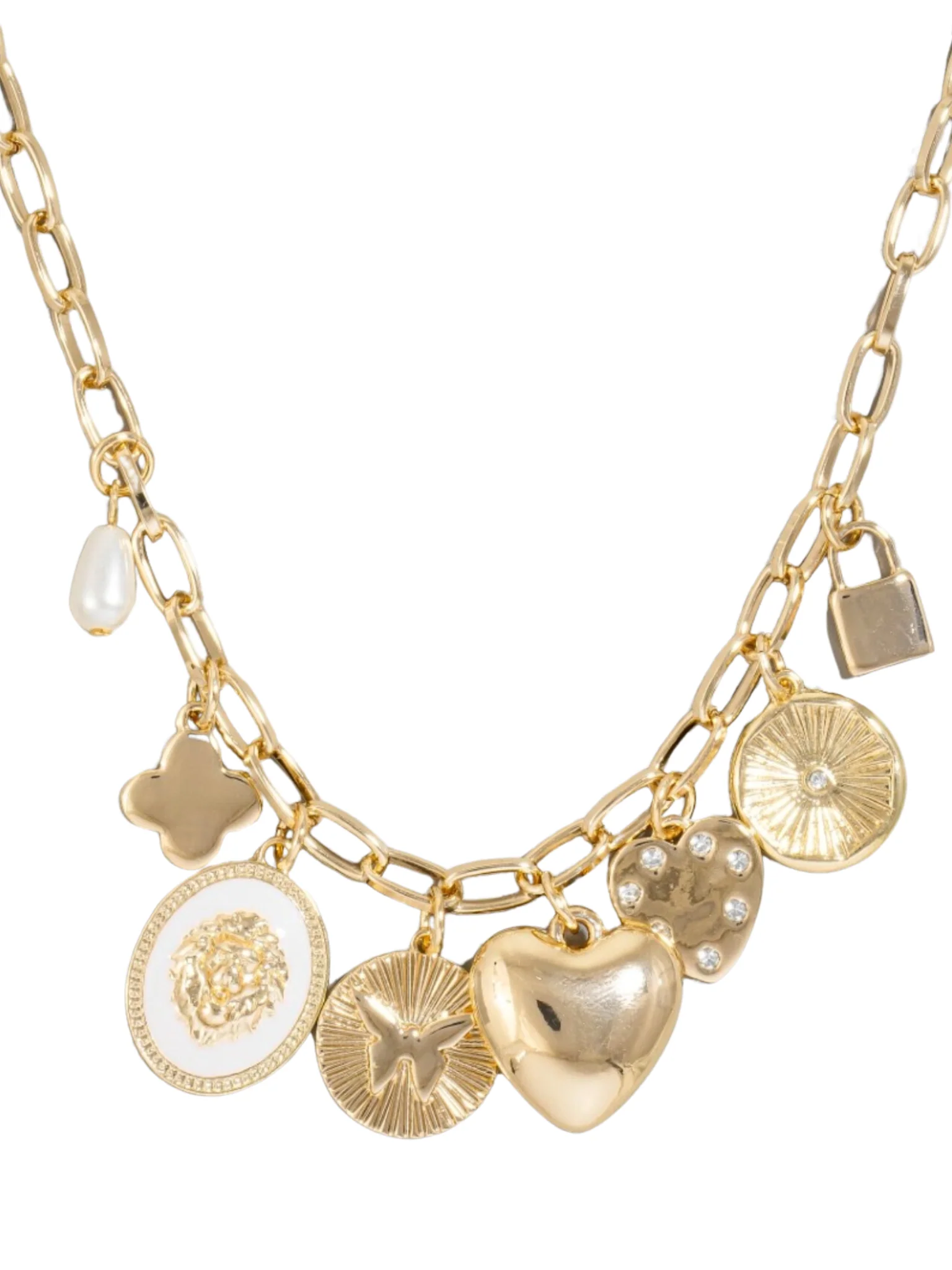 Heart Clover And Pearl Charms Chain Necklace