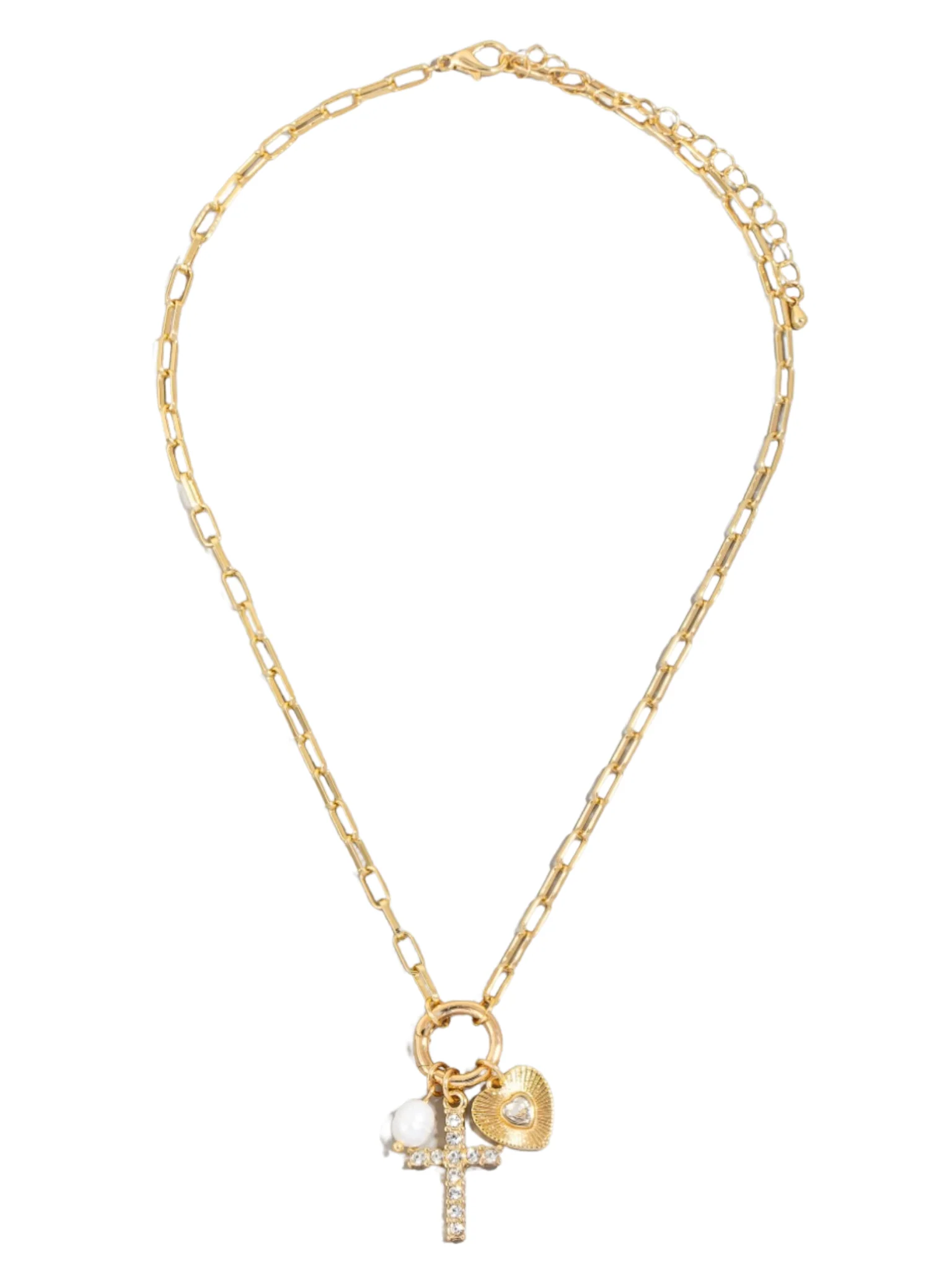 Heart Cross And Pearl Charms Chain Necklace