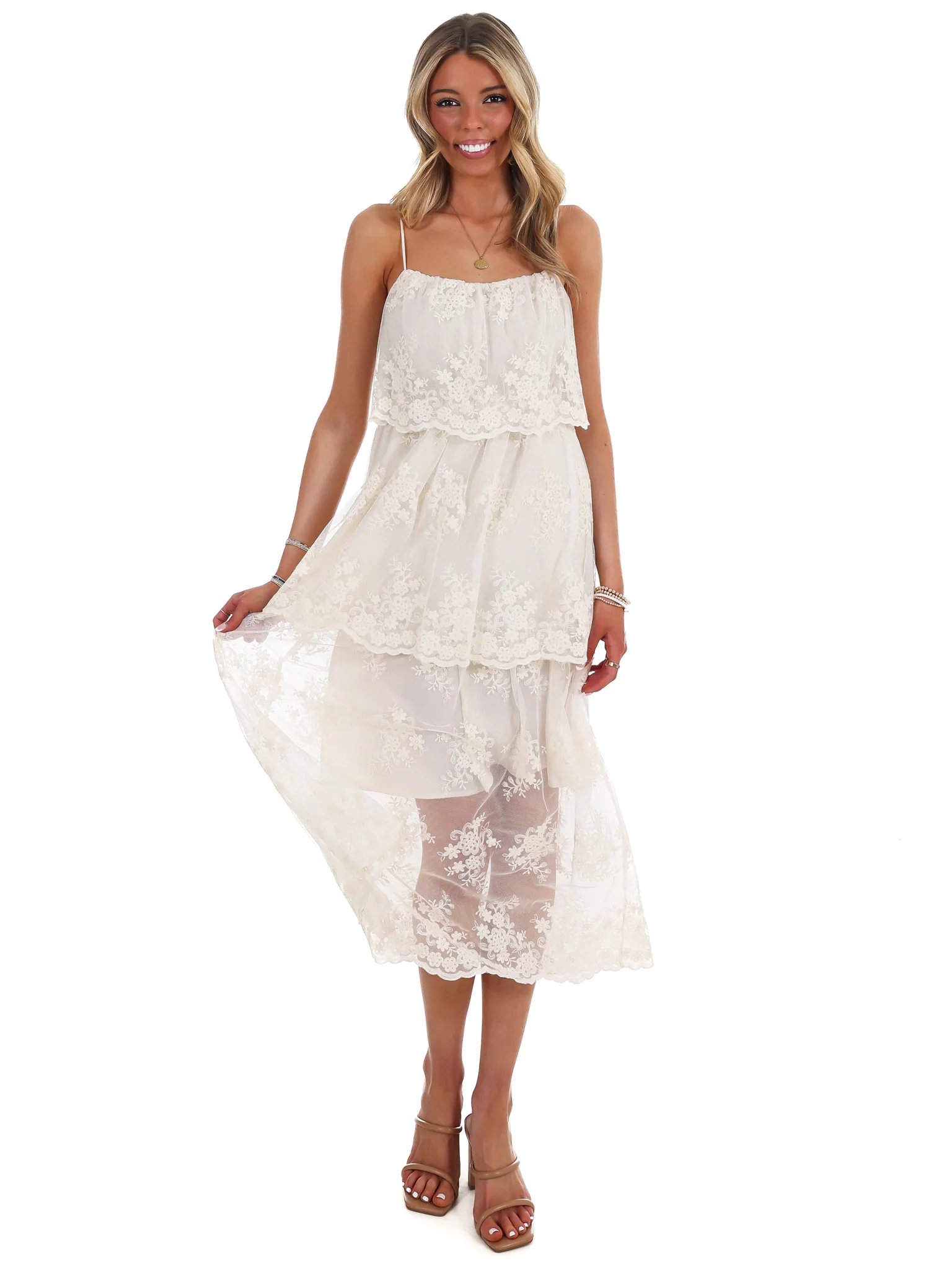 Heirloom Floral Tiered Lace Midi Dress