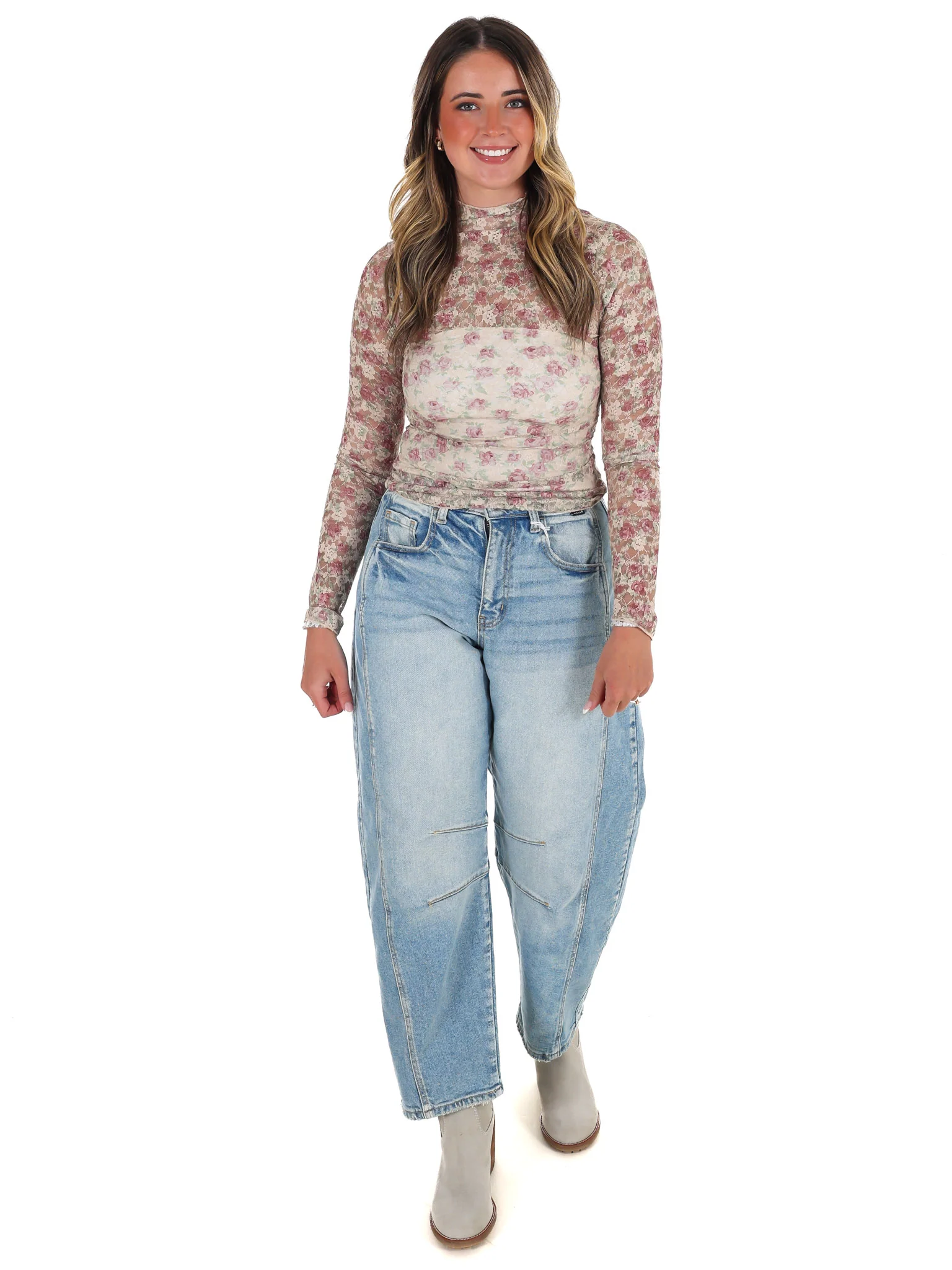 High Neck Sheer Mesh Lace Knit Top - Image 13