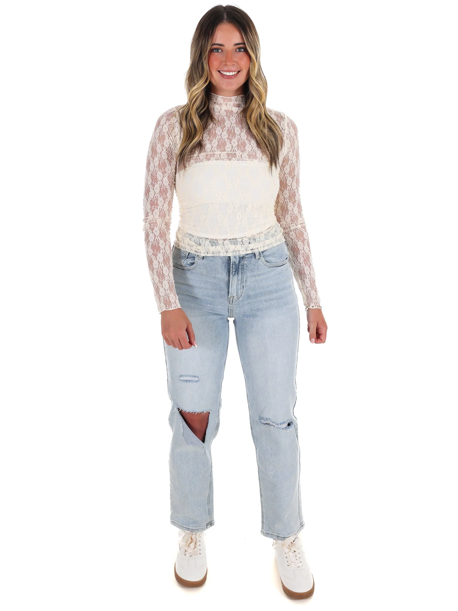 High Neck Sheer Mesh Lace Knit Top - Image 26