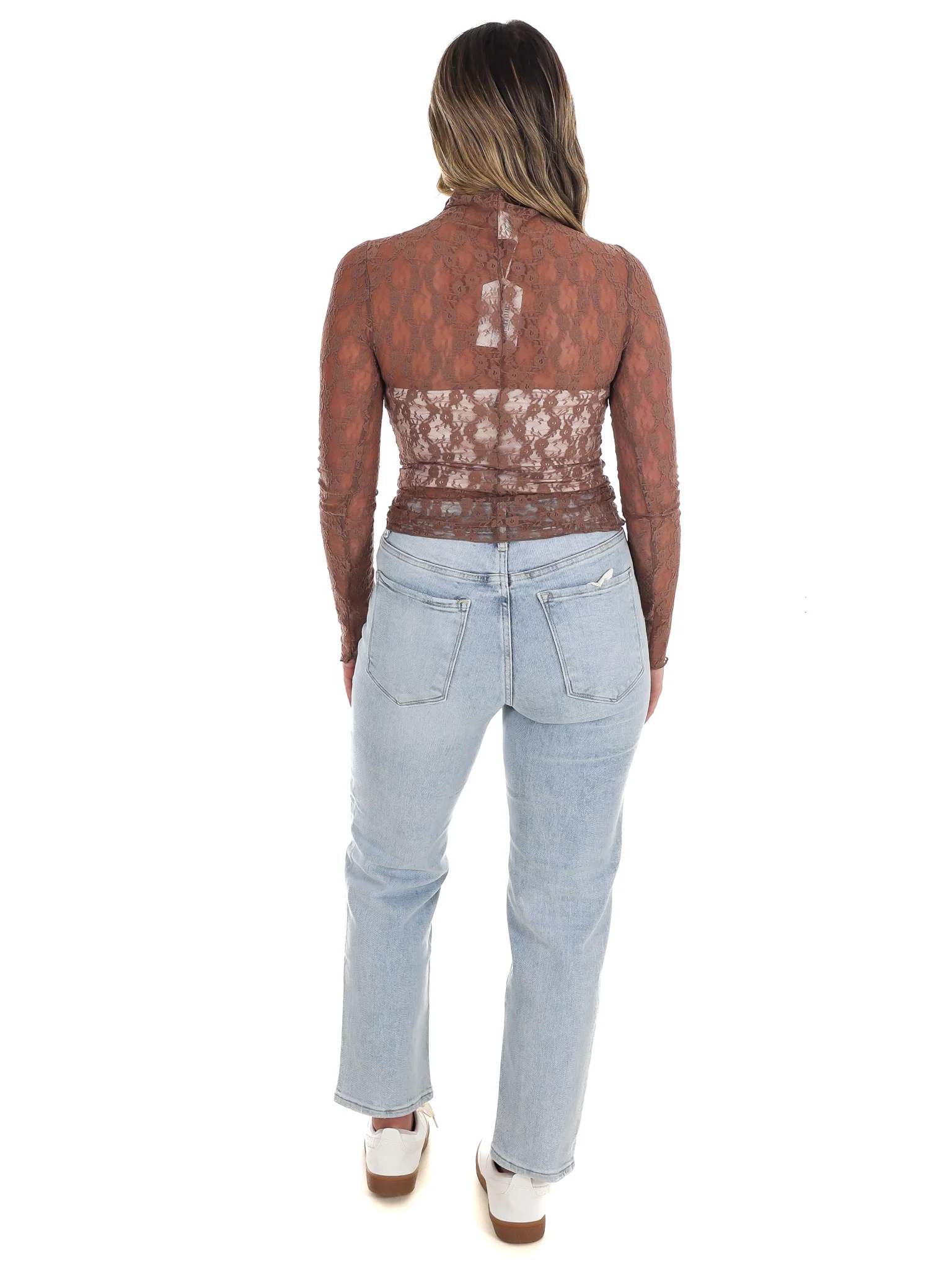 High Neck Sheer Mesh Lace Knit Top - Image 37