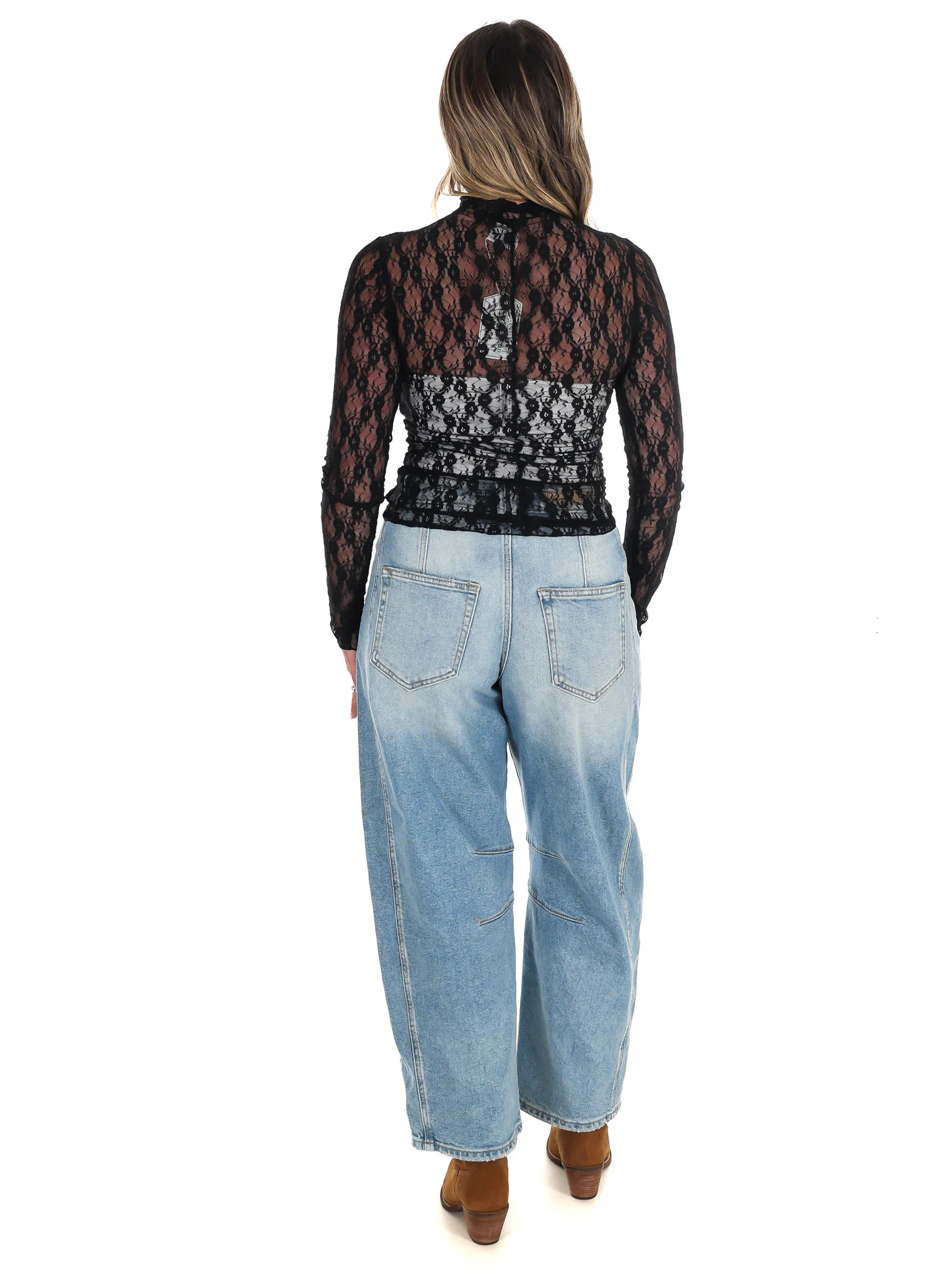 High Neck Sheer Mesh Lace Knit Top - Image 45