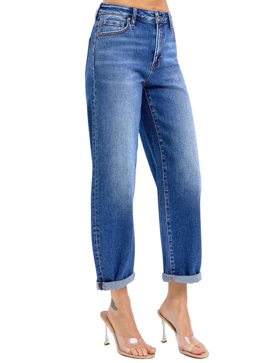 High Rise Crop Mild Barrel Cuffed Jeans - Image 2