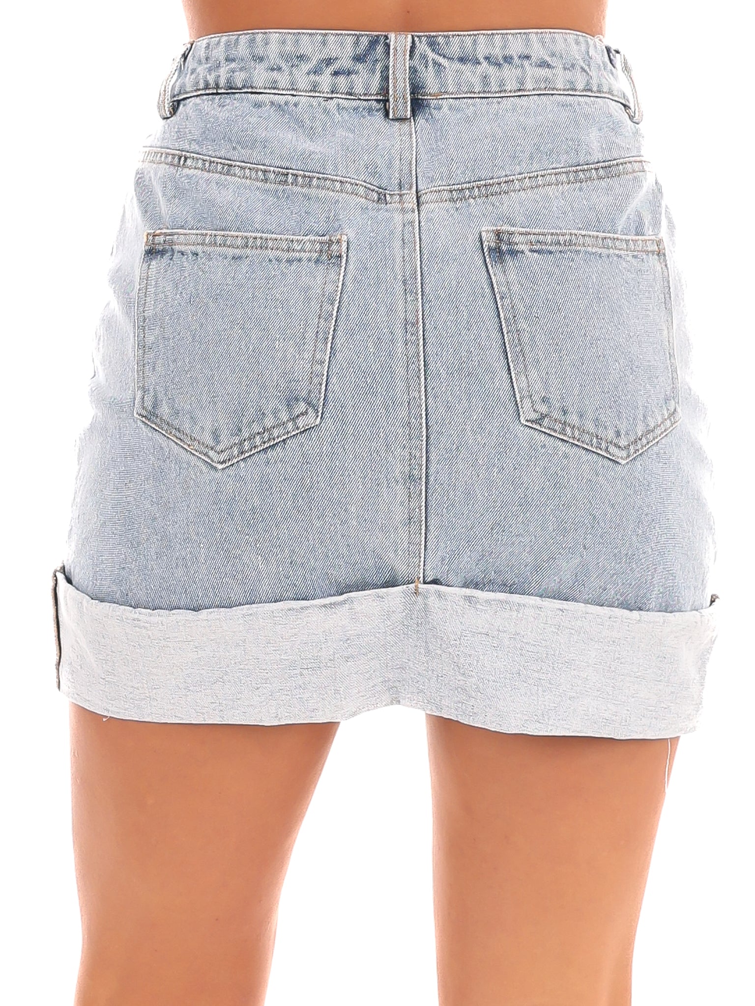 High Waisted Cuffed Denim Mini Skirt - Image 3