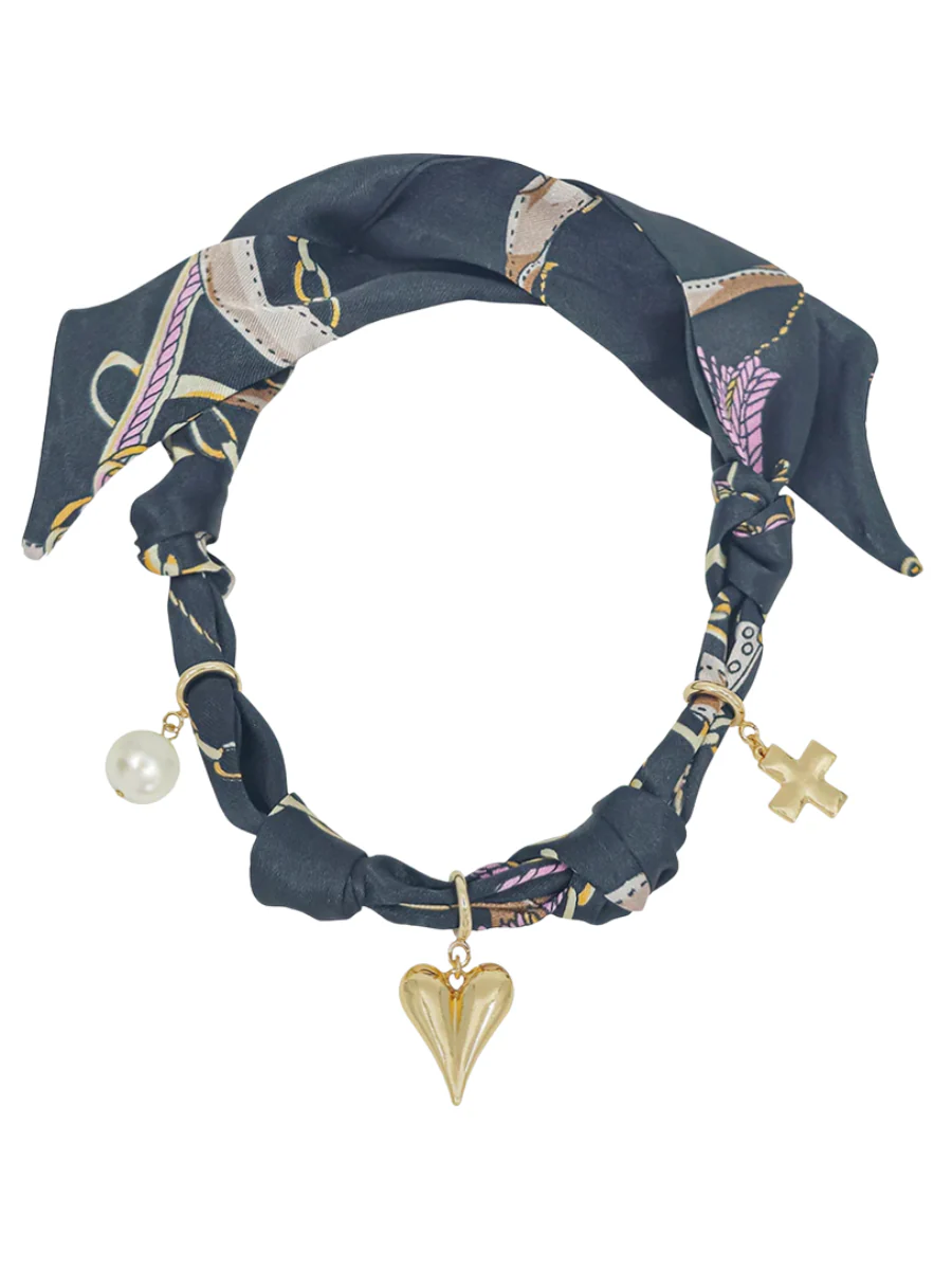 Knotted Scarf Necklace with Heart, Cross & Pearl Charm - Image 2