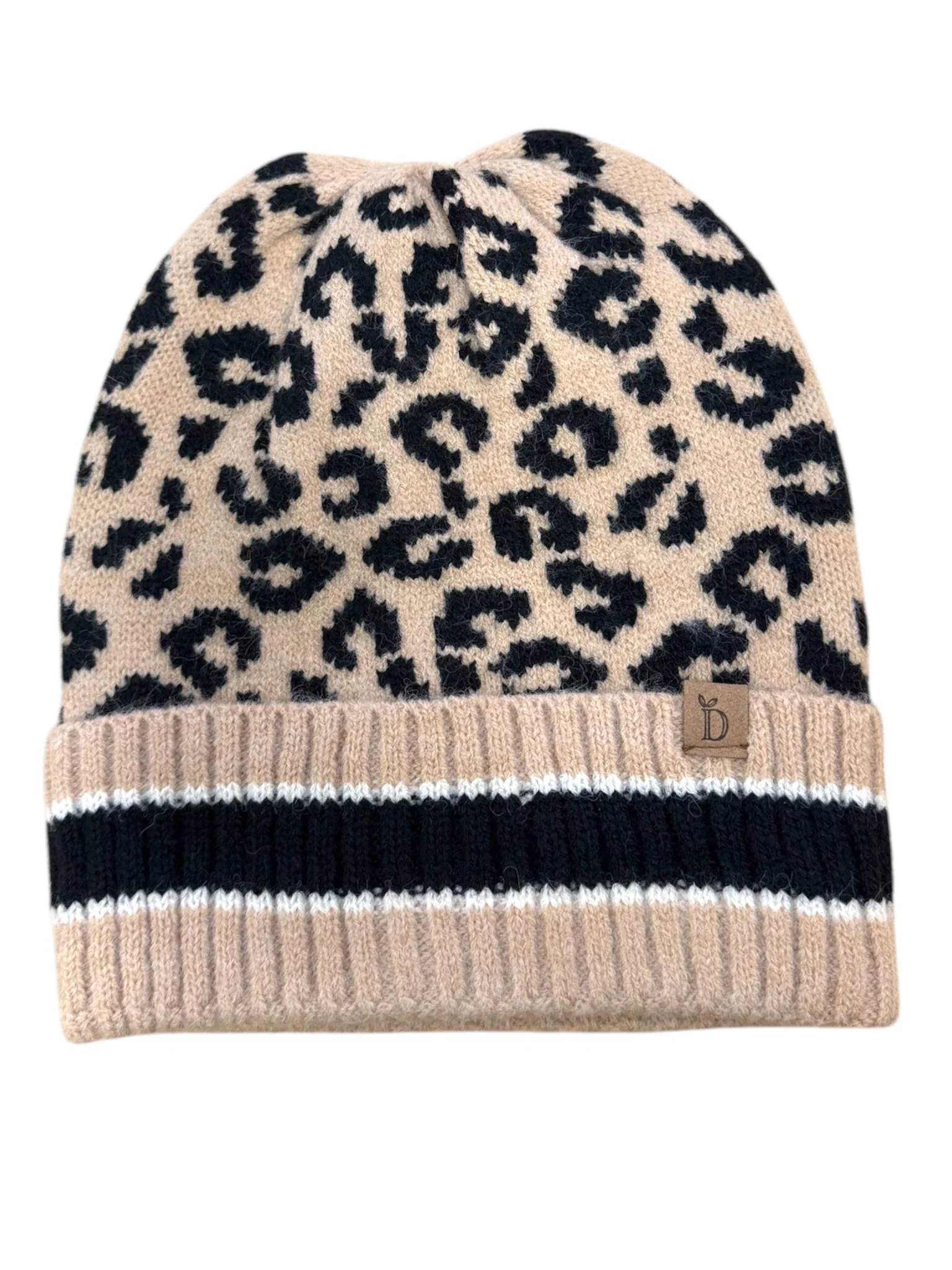 Leopard Beanie with Stripe Cuff - Image 2
