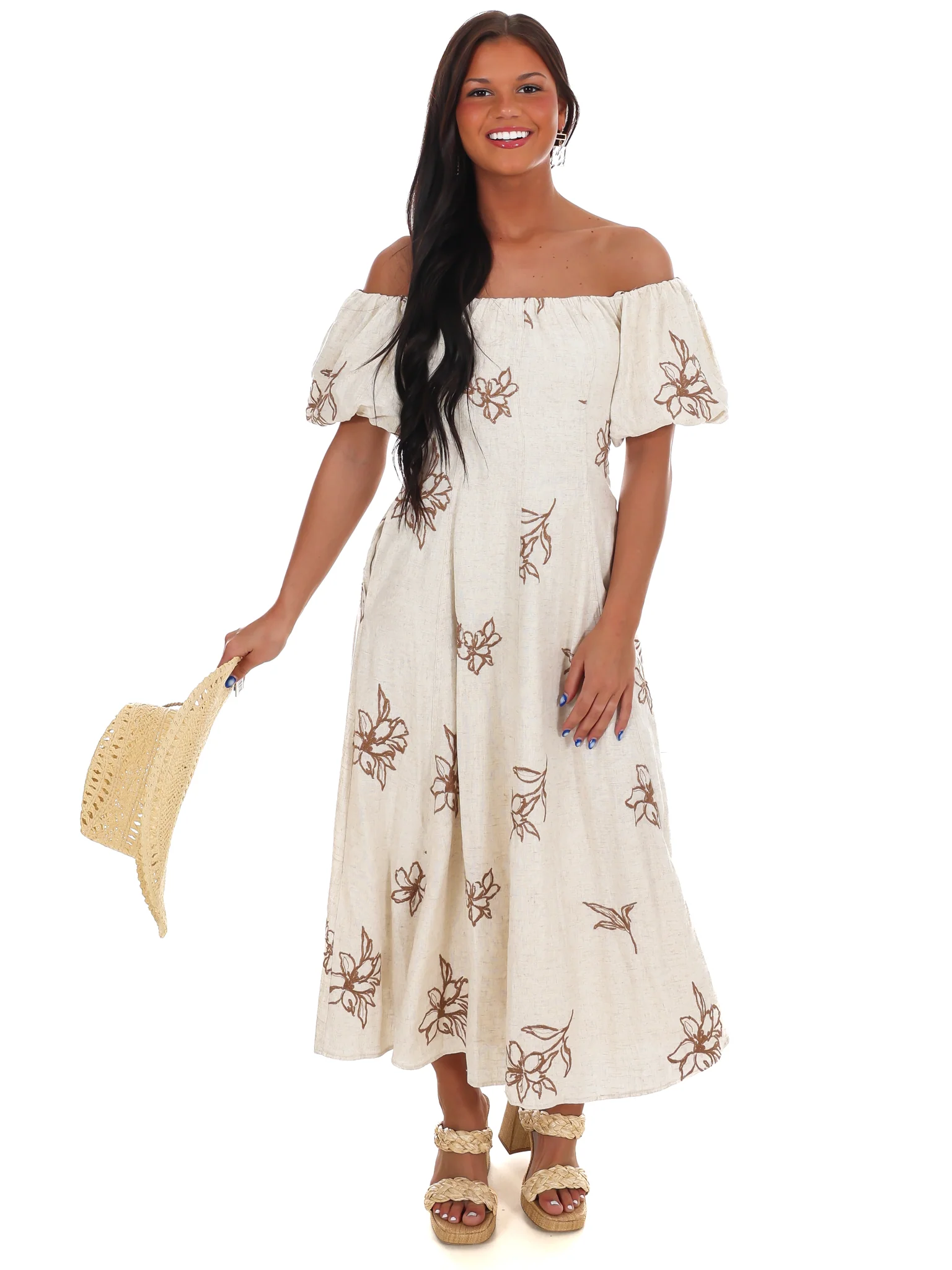 Linen Bloom Off Shoulder Midi Dress - Image 2