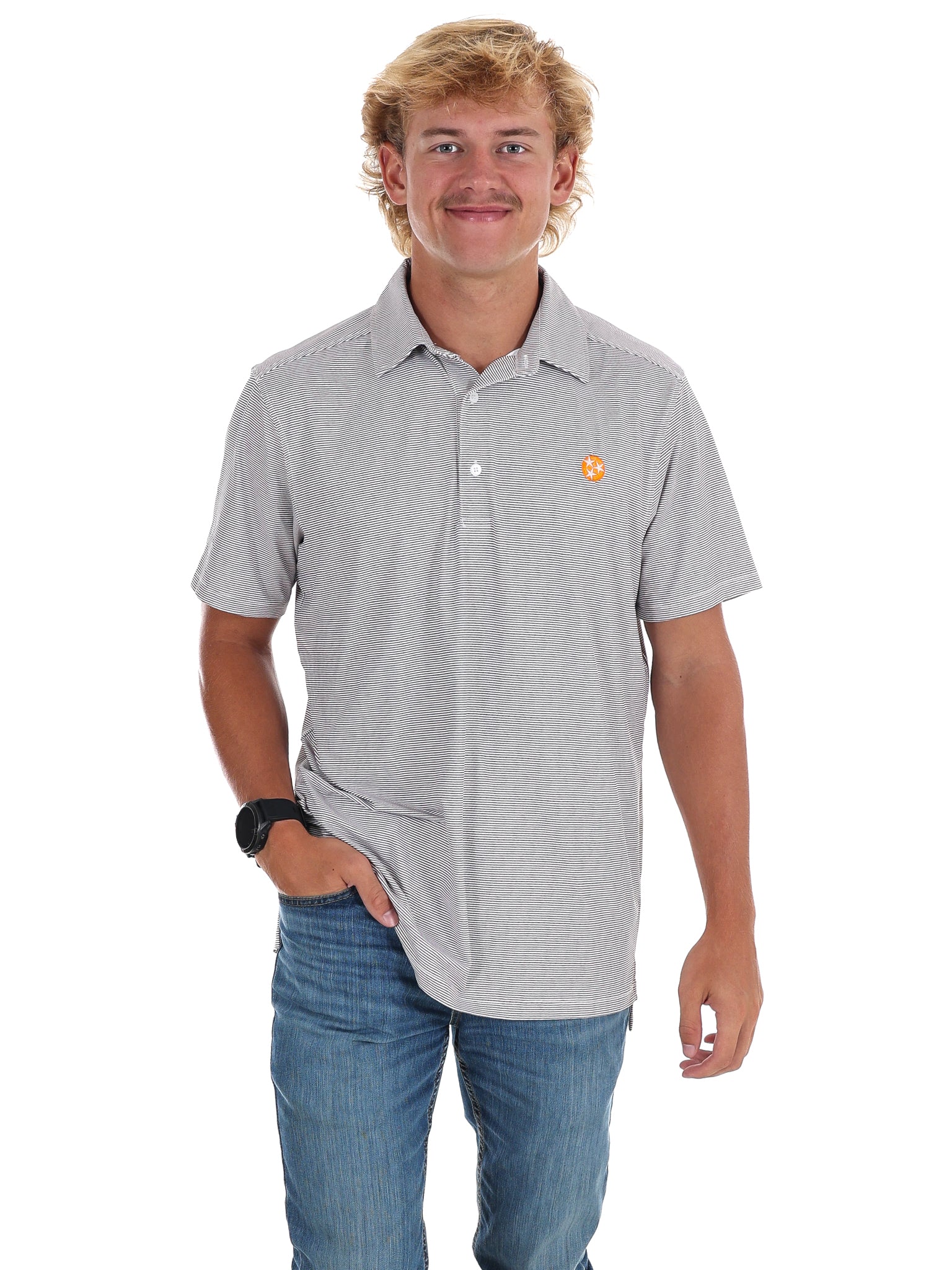 Men's Grey Stripe Polo - Image 3