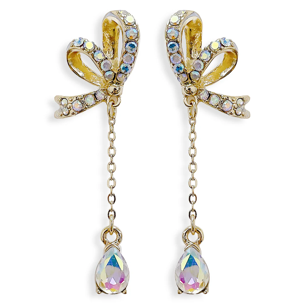 Metal Bow Dangle Teardrop Earrings
