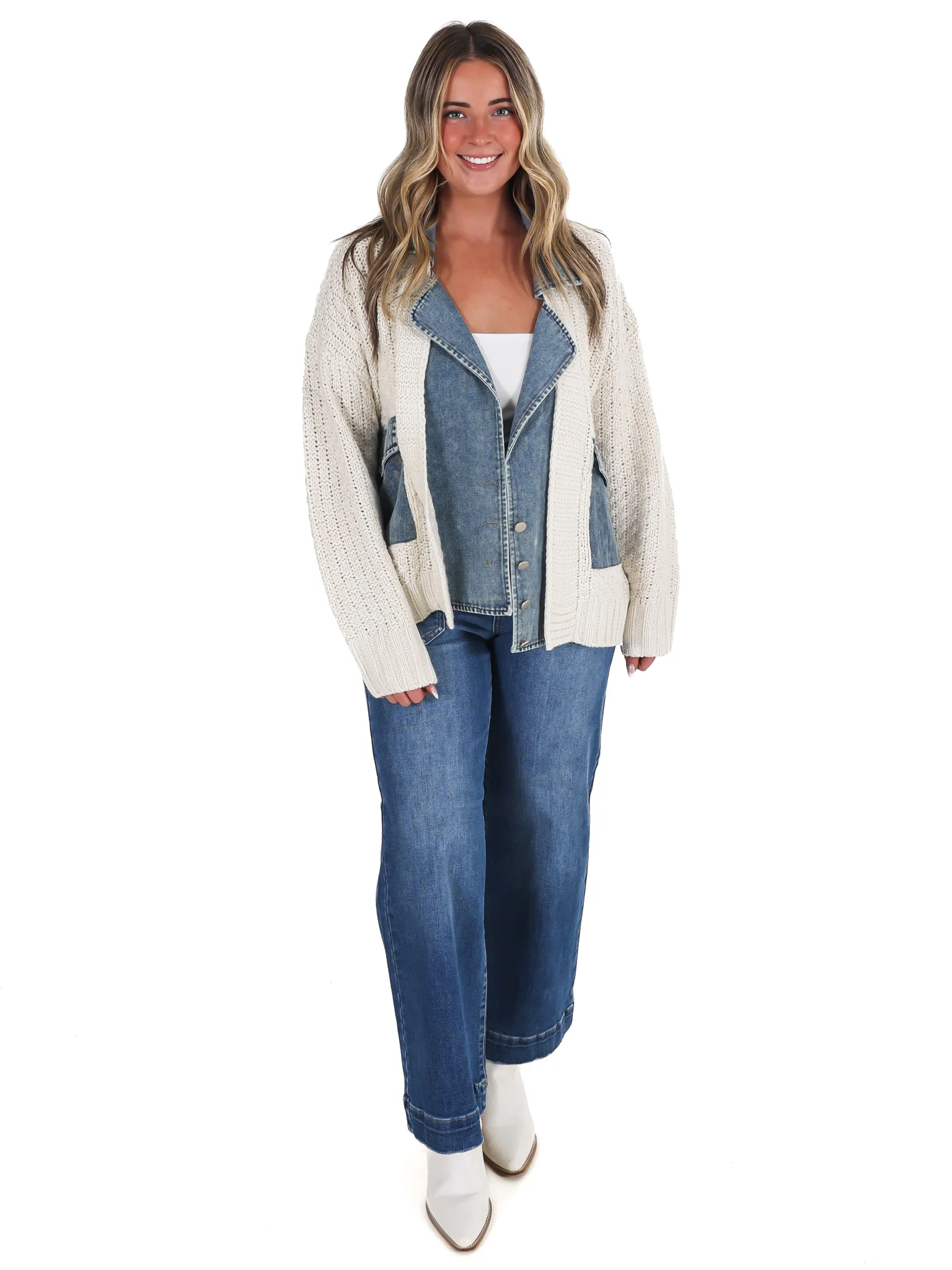 Mixed Media Cable Knit Denim Trim Jacket - Image 2