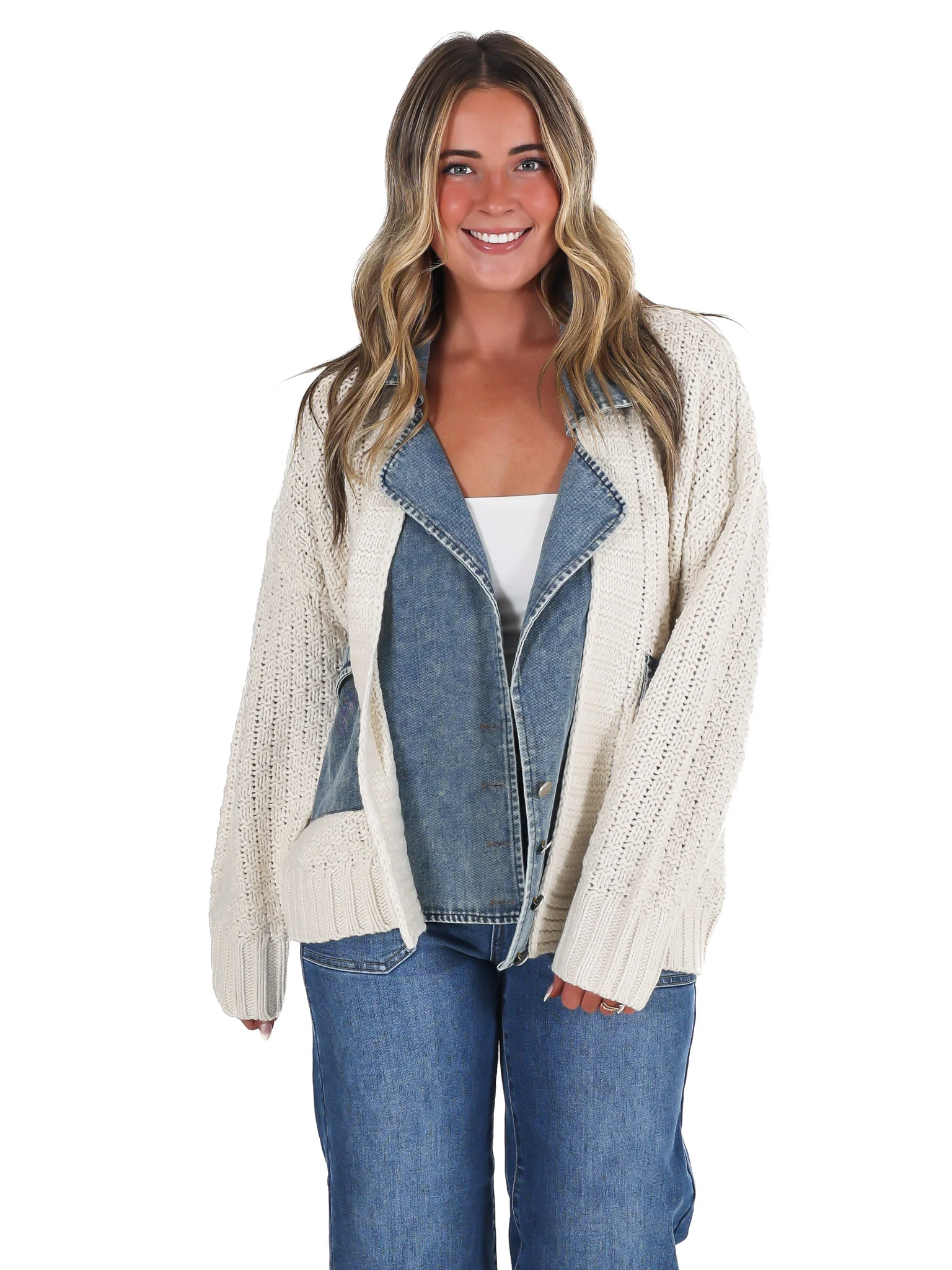 Mixed Media Cable Knit Denim Trim Jacket - Image 3