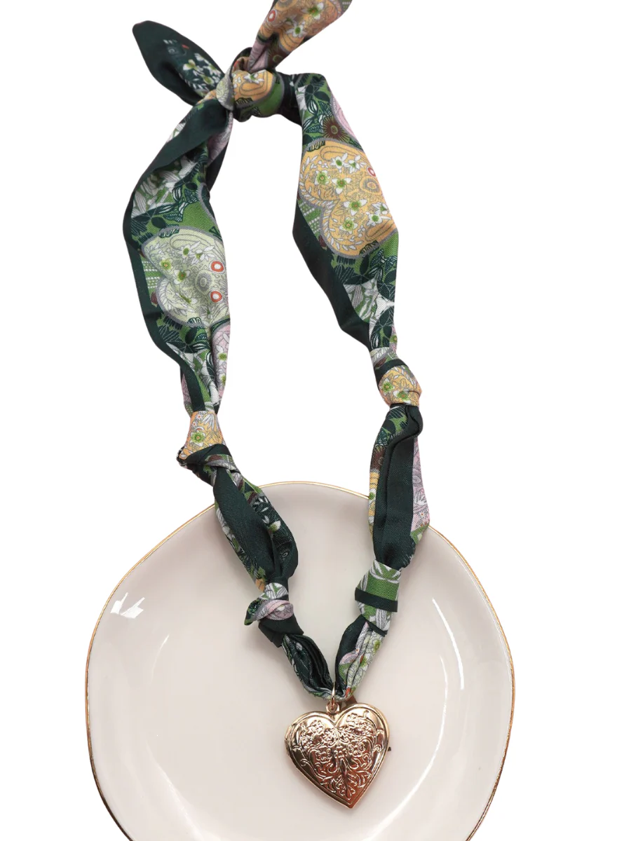 Mixed Print Textured Heart Scarf Necklace