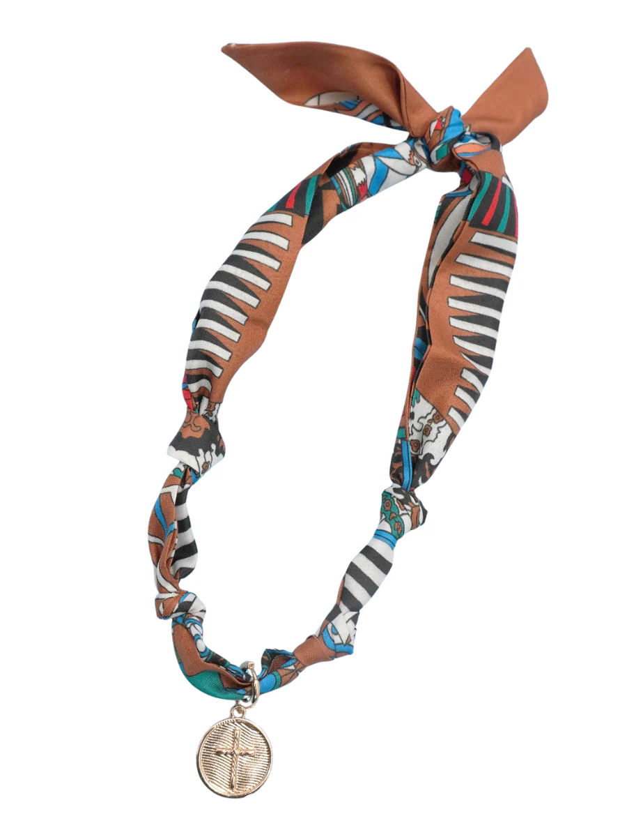 Mixed Print with Cross Coin Charm Scarf Necklace
