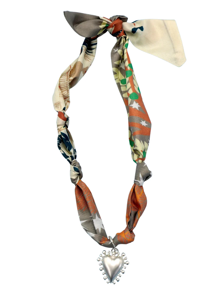 Mixed Print with Silver Heart Charm Scarf Necklace