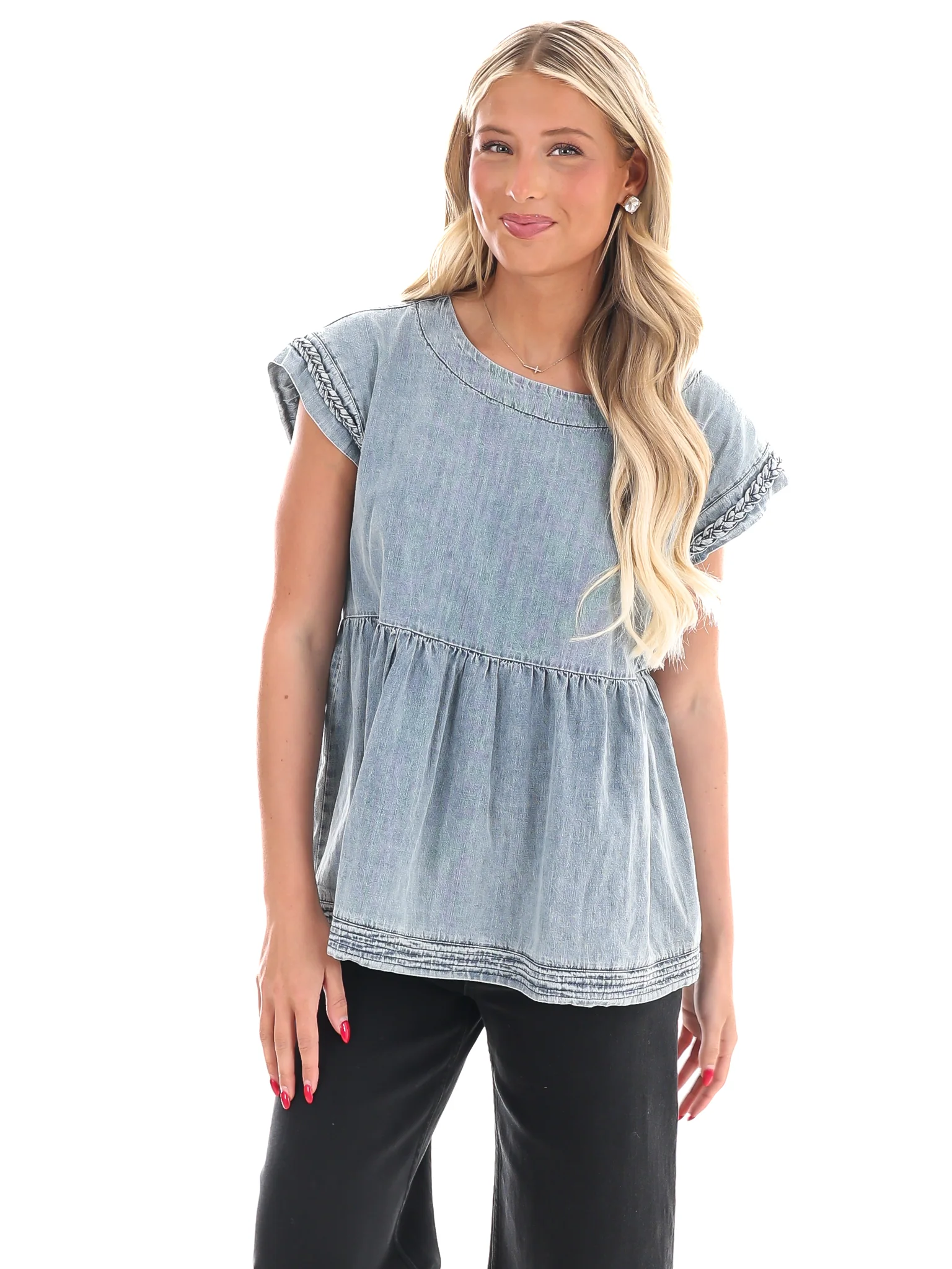 Much to Do Denim Babydoll Top - Image 5